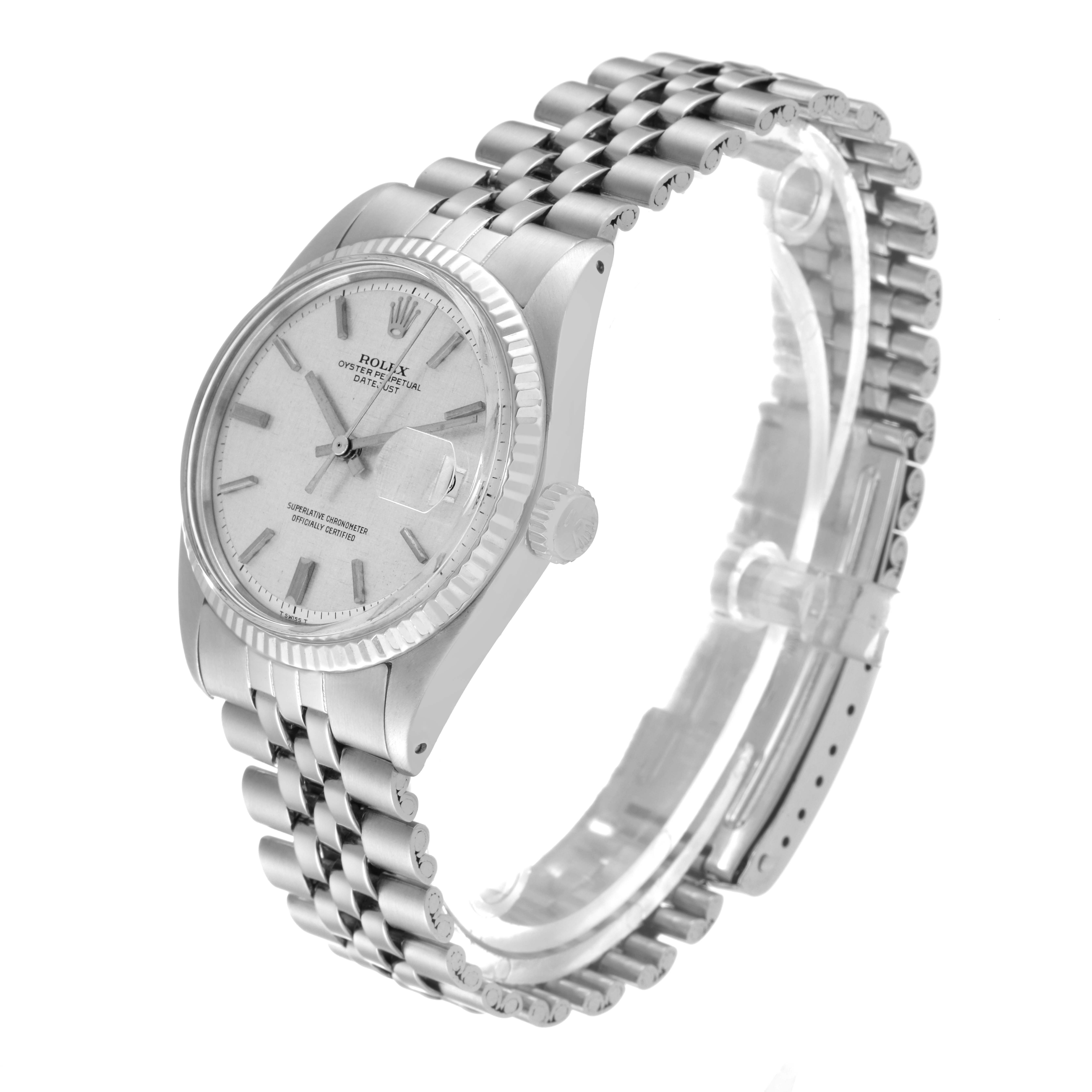 The Rolex Vintage Collection 1601 Men's Stainless Steel Silver Dial 1601 Men's Stainless Steel Silver Dial watch is shown from an angled side view, highlighting the watch face, bezel, and bracelet.