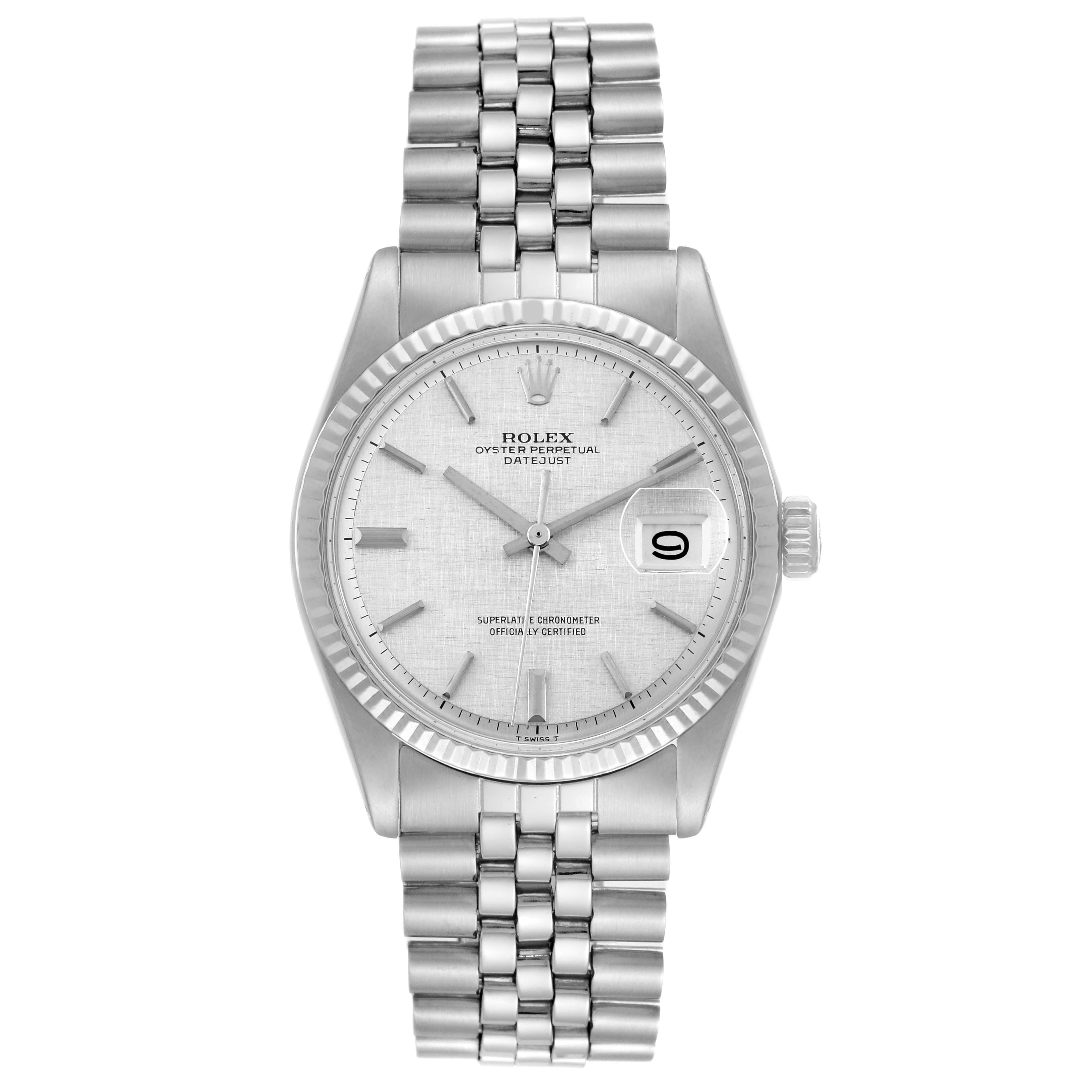The image shows a front view of a Rolex Vintage Collection 1601 Men's Stainless Steel Silver Dial 1601 Men's Stainless Steel Silver Dial model, highlighting its silver dial, date display, and jubilee bracelet.