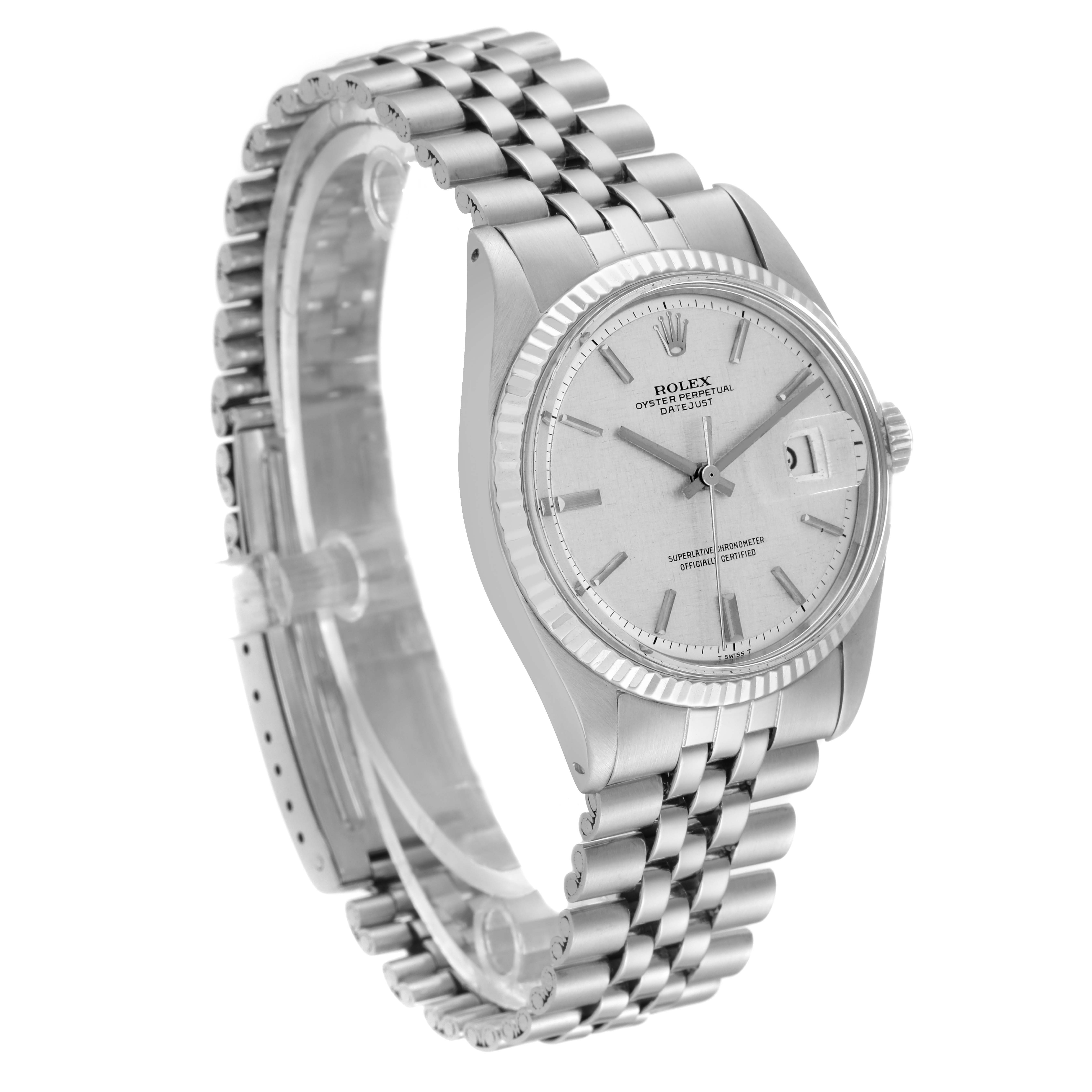 This image shows an angled view of a Rolex Vintage Collection 1601 Men's Stainless Steel Silver Dial 1601 Men's Stainless Steel Silver Dial watch, highlighting its face, bezel, and bracelet.