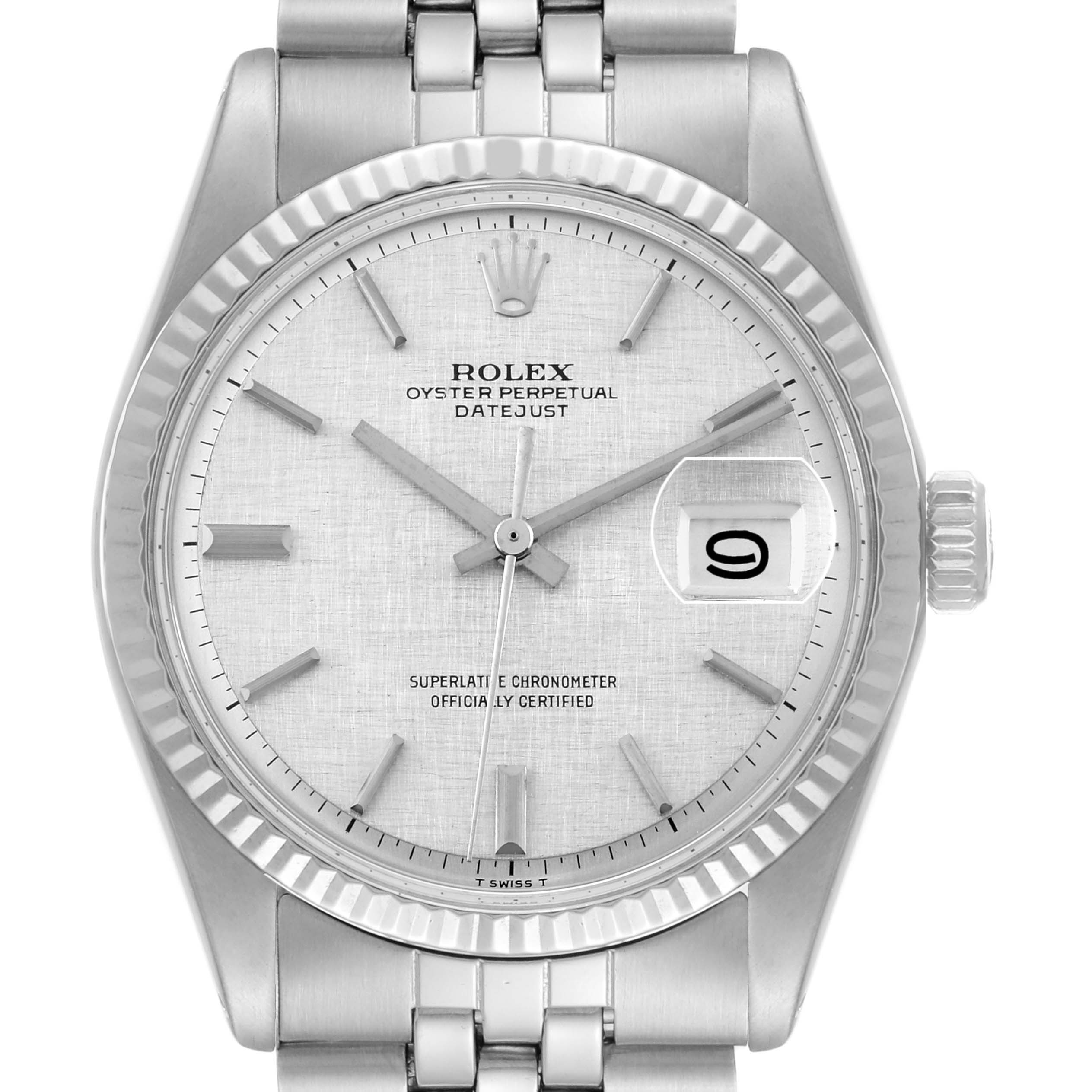 This is a front view of a Rolex Vintage Collection 1601 Men's Stainless Steel Silver Dial 1601 Men's Stainless Steel Silver Dial Datejust watch, showcasing its dial, bezel, crown, and bracelet.