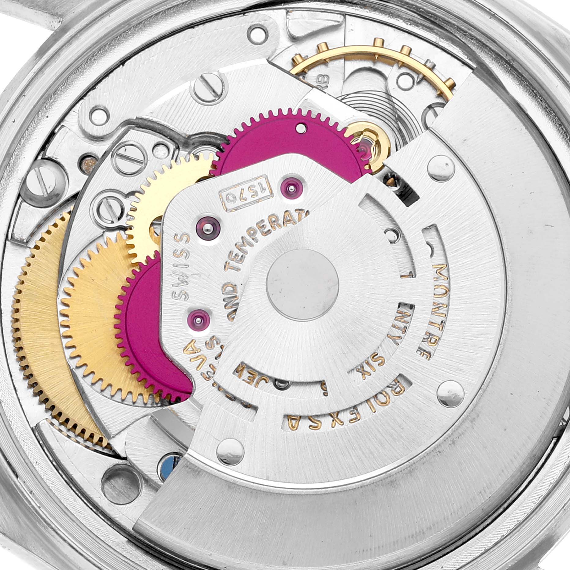 This is a close-up view of the internal mechanism of a Rolex Vintage Collection 1601 Men's Stainless Steel Silver Dial 1601 Men's Stainless Steel Silver Dial watch.