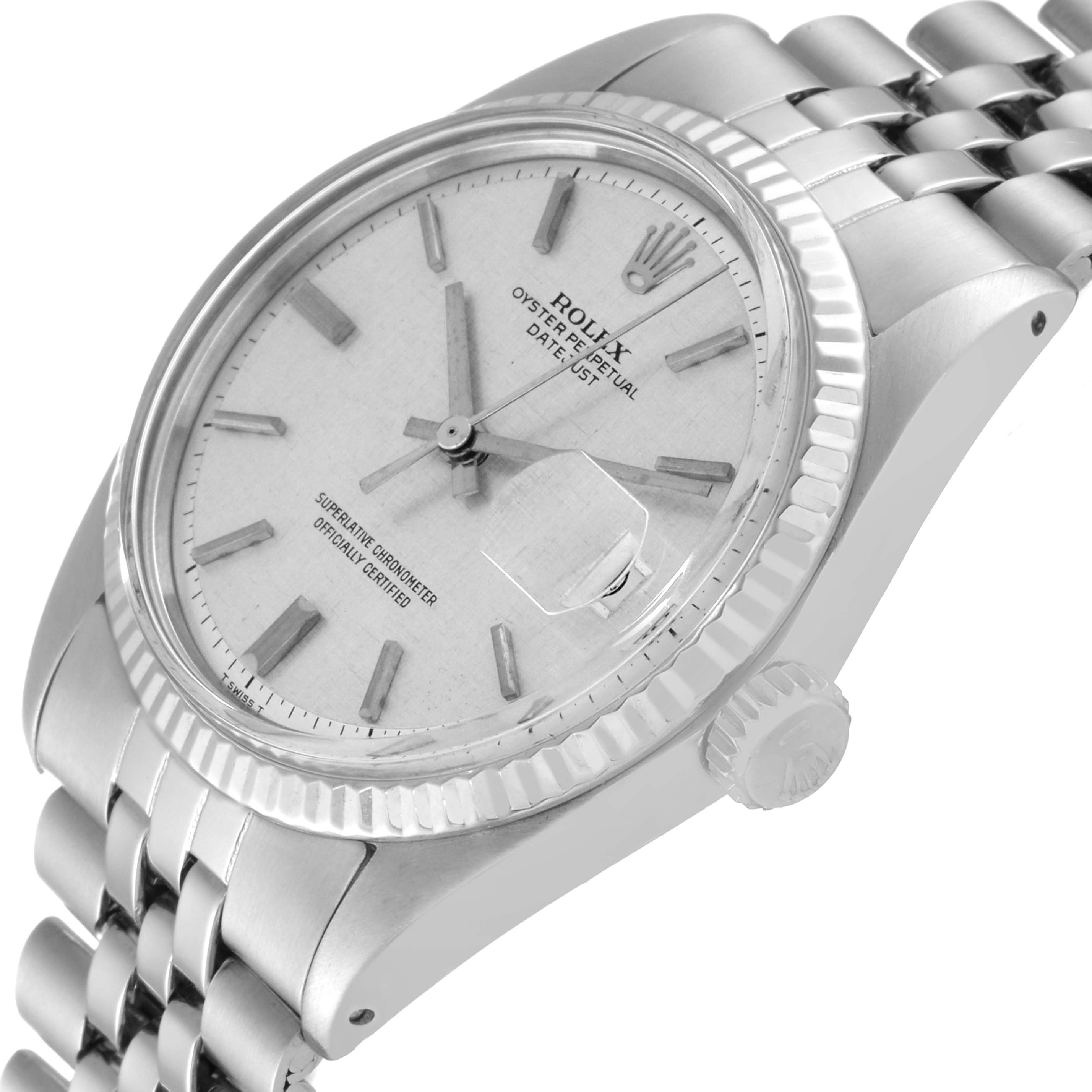 This image shows a close-up, angled view of the face and partial bracelet of a Rolex Vintage Collection 1601 Men's Stainless Steel Silver Dial 1601 Men's Stainless Steel Silver Dial watch.