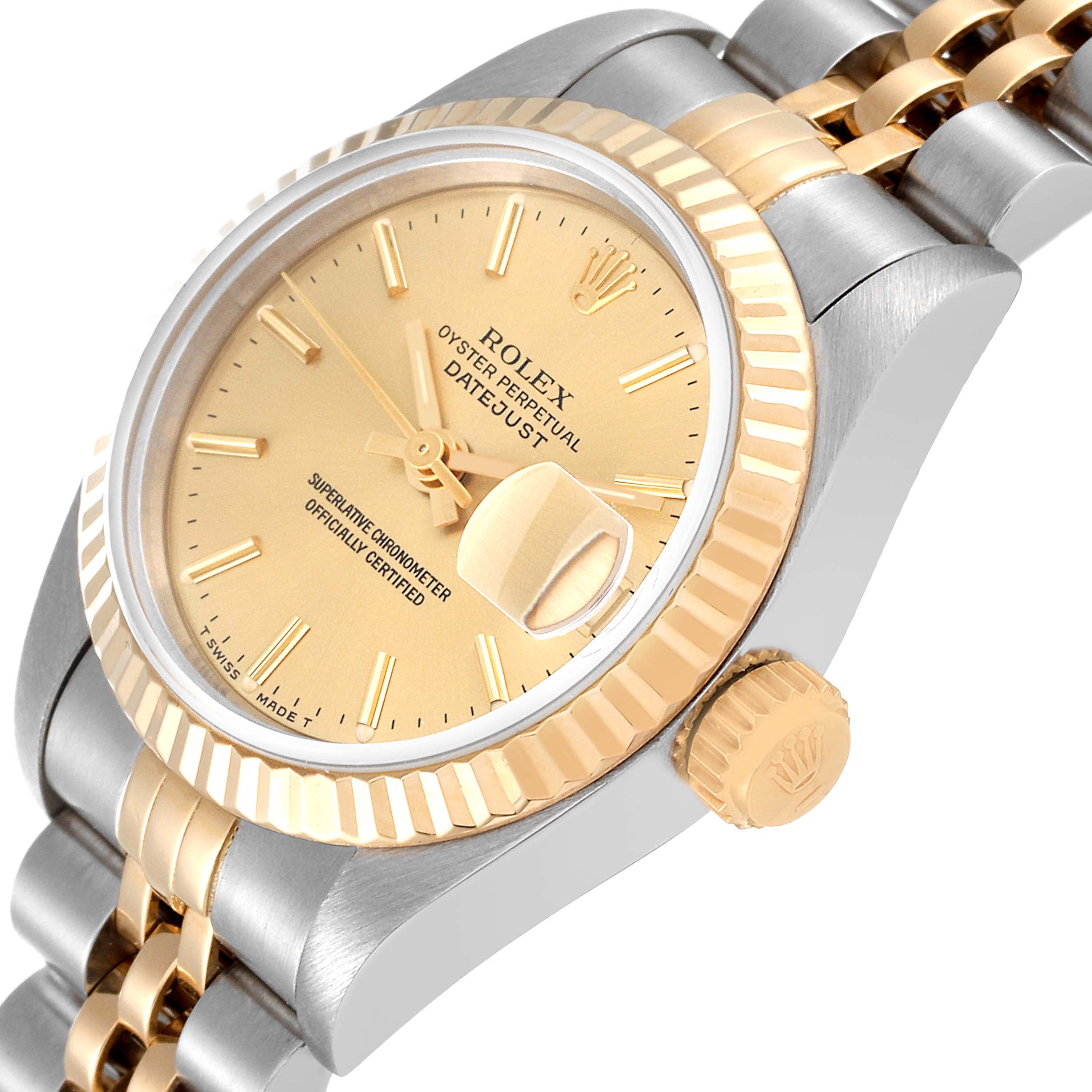 The image shows a side-angle view of a Rolex Datejust 69173 Women's Steel and Gold (two tone) Champagne Dial 69173 Women's Steel and Gold (two tone) Champagne Dial watch featuring the dial, bezel, crown, and part of the bracelet.