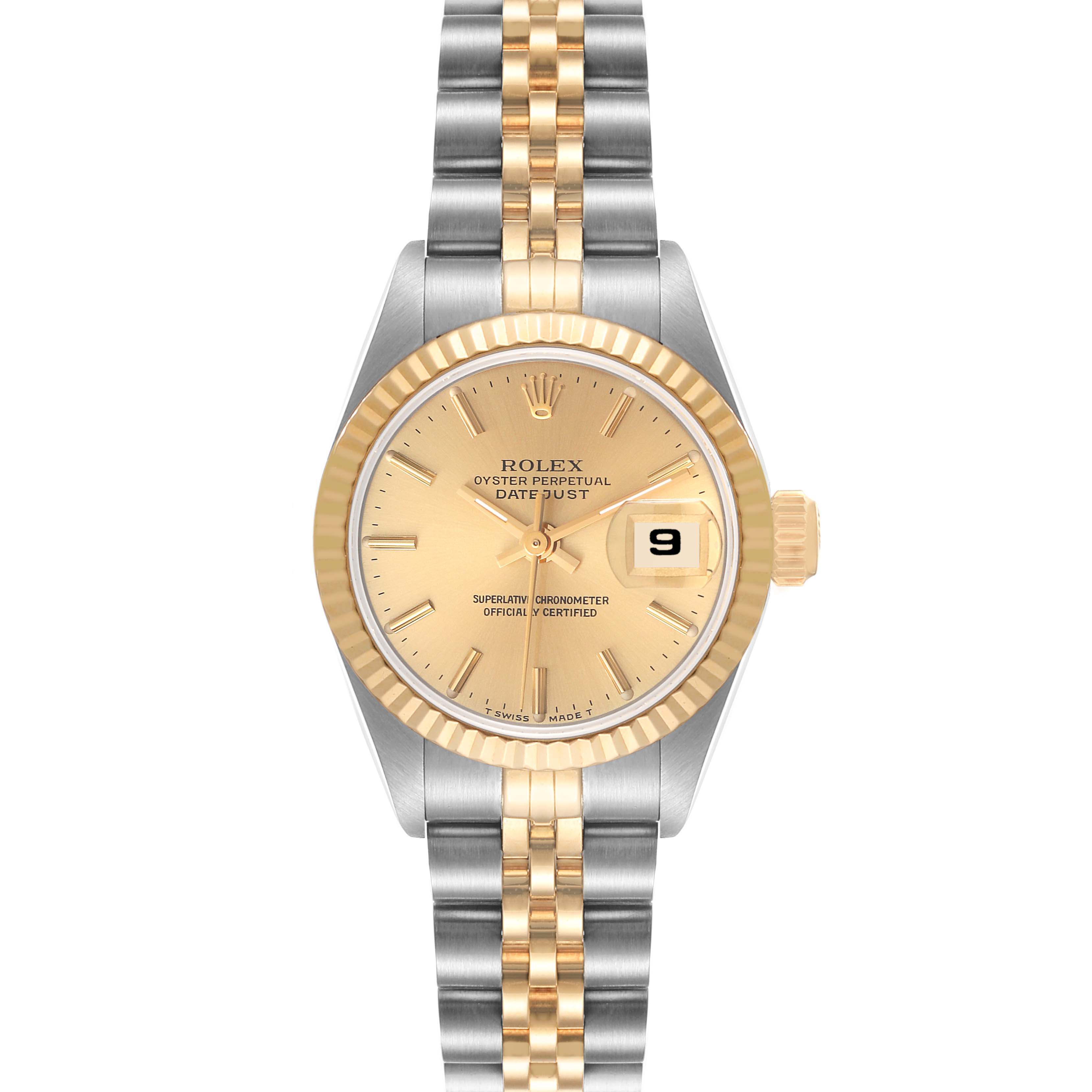 This image shows a front view of the Rolex Datejust 69173 Women's Steel and Gold (two tone) Champagne Dial 69173 Women's Steel and Gold (two tone) Champagne Dial watch featuring a two-tone bracelet, fluted bezel, and champagne dial.