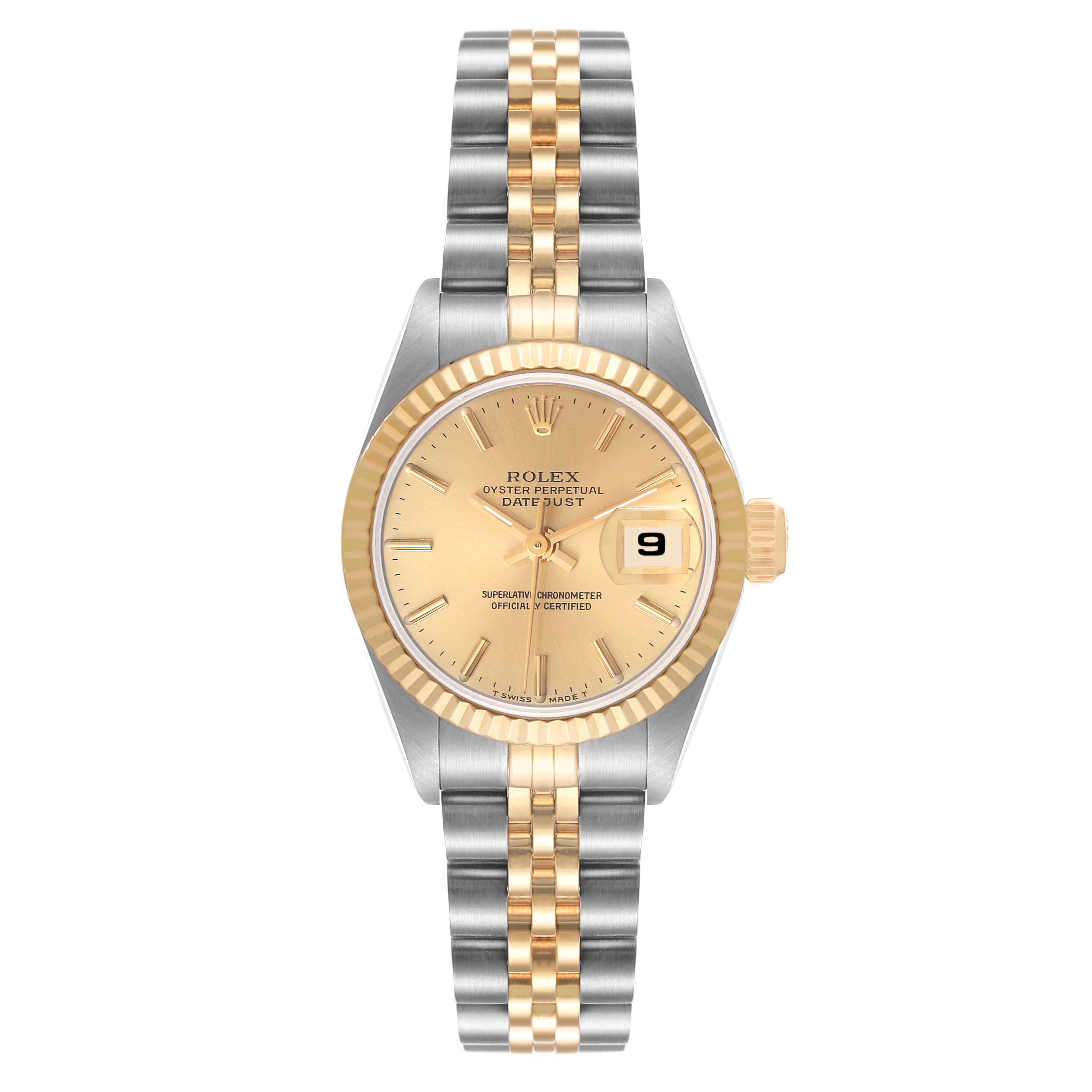The image shows a front view of a Rolex Datejust 69173 Women's Steel and Gold (two tone) Champagne Dial 69173 Women's Steel and Gold (two tone) Champagne Dial watch, highlighting the dial, bezel, and bracelet.