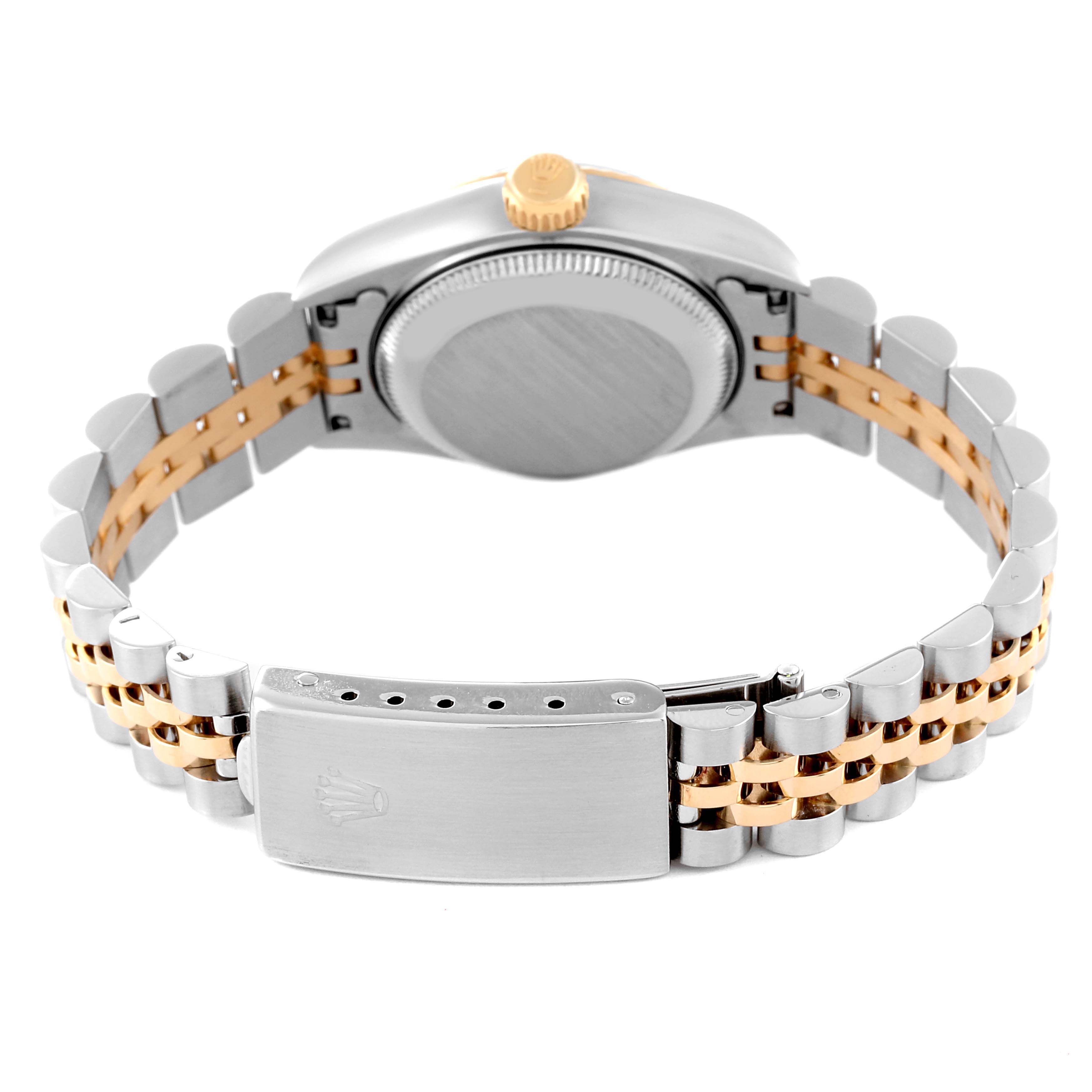 The image shows the back view of a Rolex Datejust 69173 Women's Steel and Gold (two tone) Champagne Dial 69173 Women's Steel and Gold (two tone) Champagne Dial watch, focusing on the case back, crown, and Jubilee bracelet.