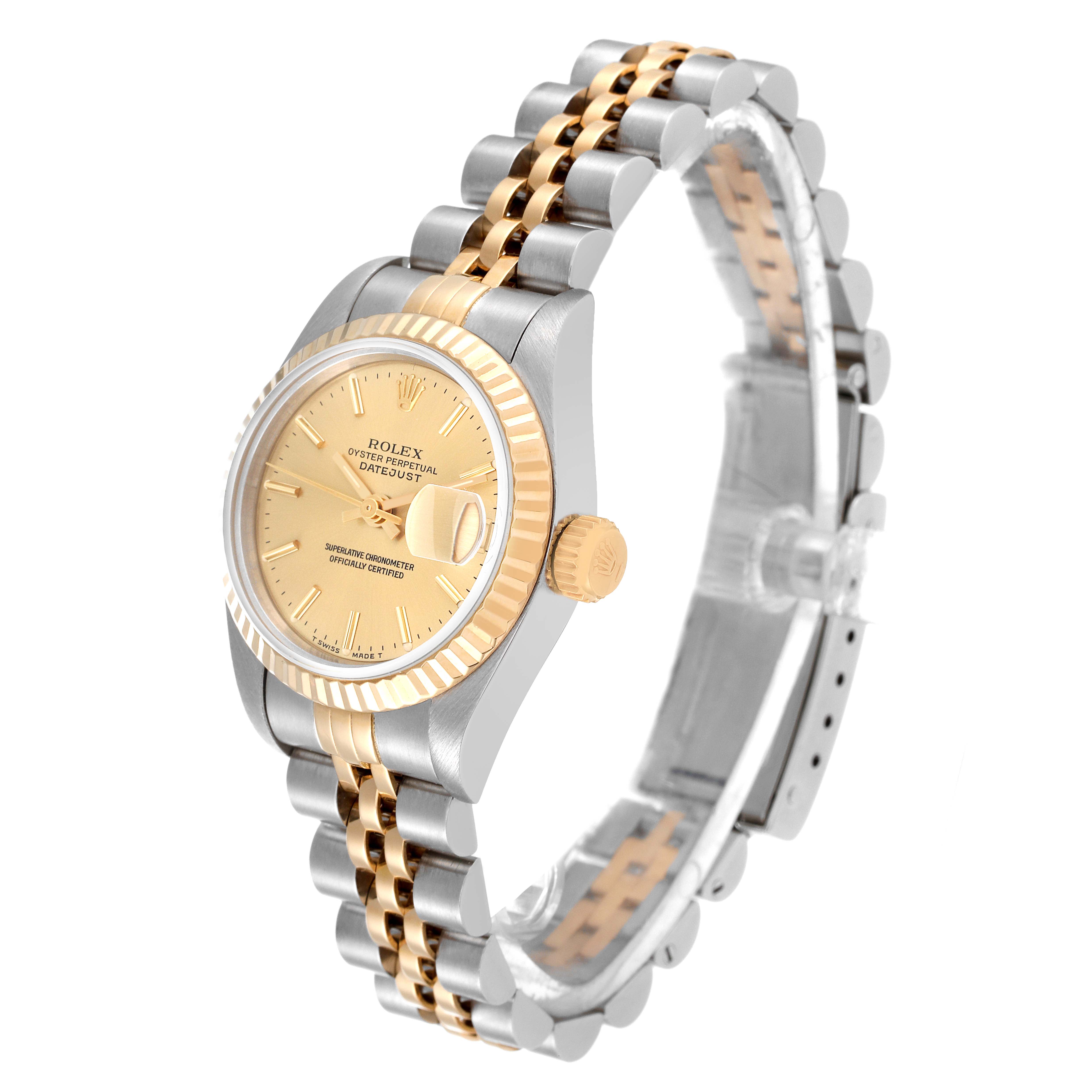 The Rolex Datejust 69173 Women's Steel and Gold (two tone) Champagne Dial 69173 Women's Steel and Gold (two tone) Champagne Dial watch is shown at a three-quarter angle, highlighting its two-tone bracelet, dial, and fluted bezel.