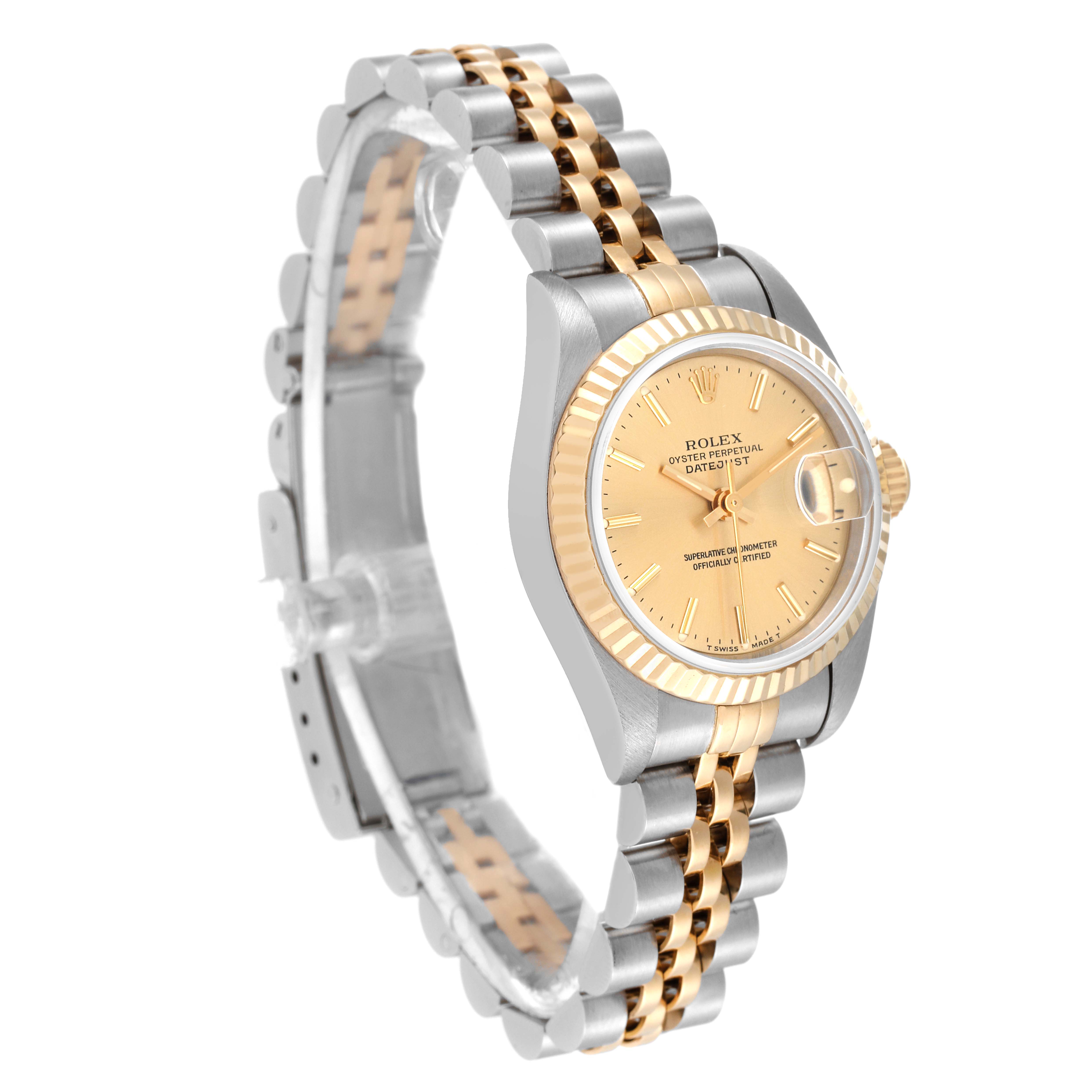 The image shows a side angle of a Rolex Datejust 69173 Women's Steel and Gold (two tone) Champagne Dial 69173 Women's Steel and Gold (two tone) Champagne Dial watch, highlighting the gold and silver Jubilee bracelet and champagne dial.