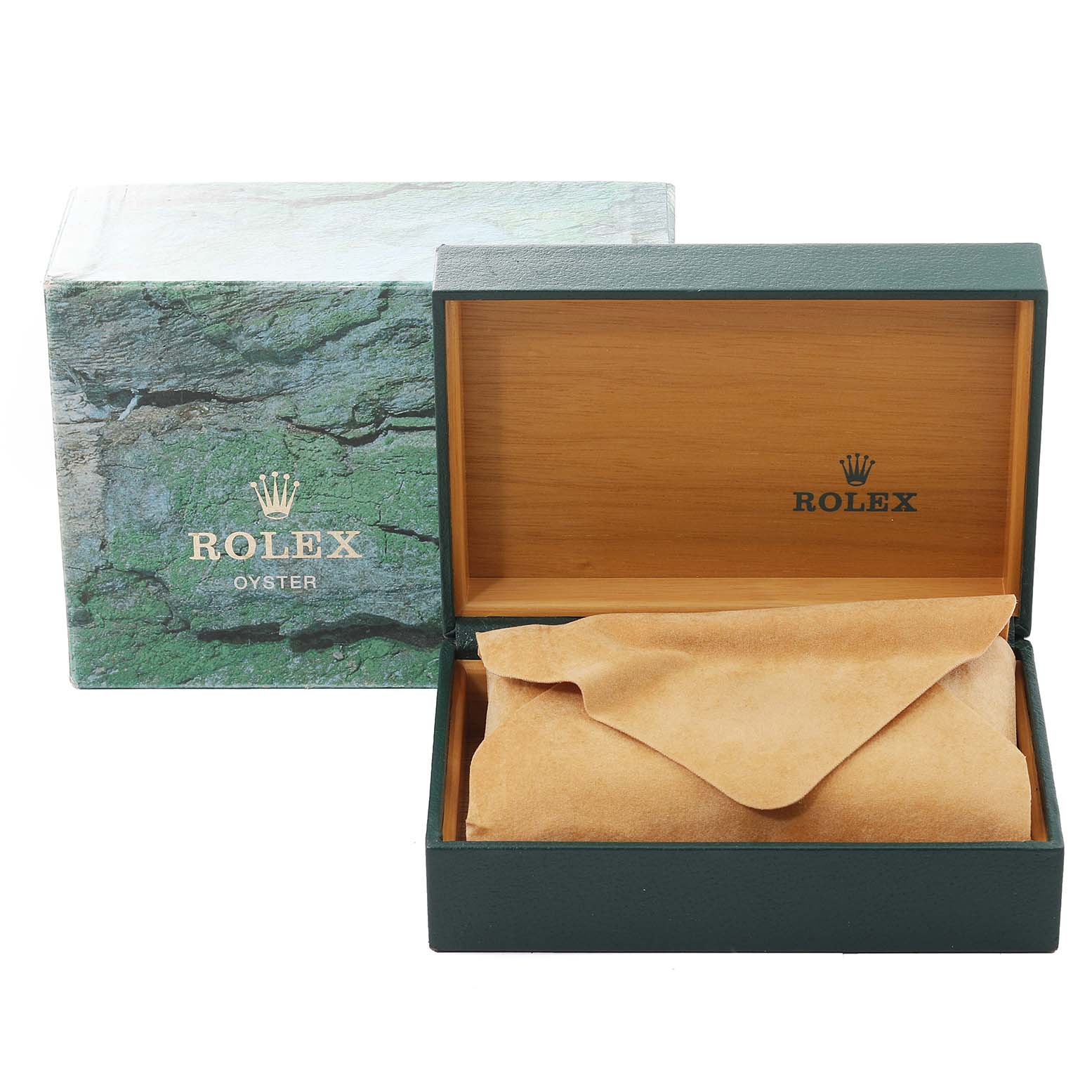 This image shows the open box and protective pouch for a Rolex Datejust 16233 Men's Steel and Gold (two tone) Champagne Dial 16233 Men's Steel and Gold (two tone) Champagne Dial watch, with the box cover in the background.