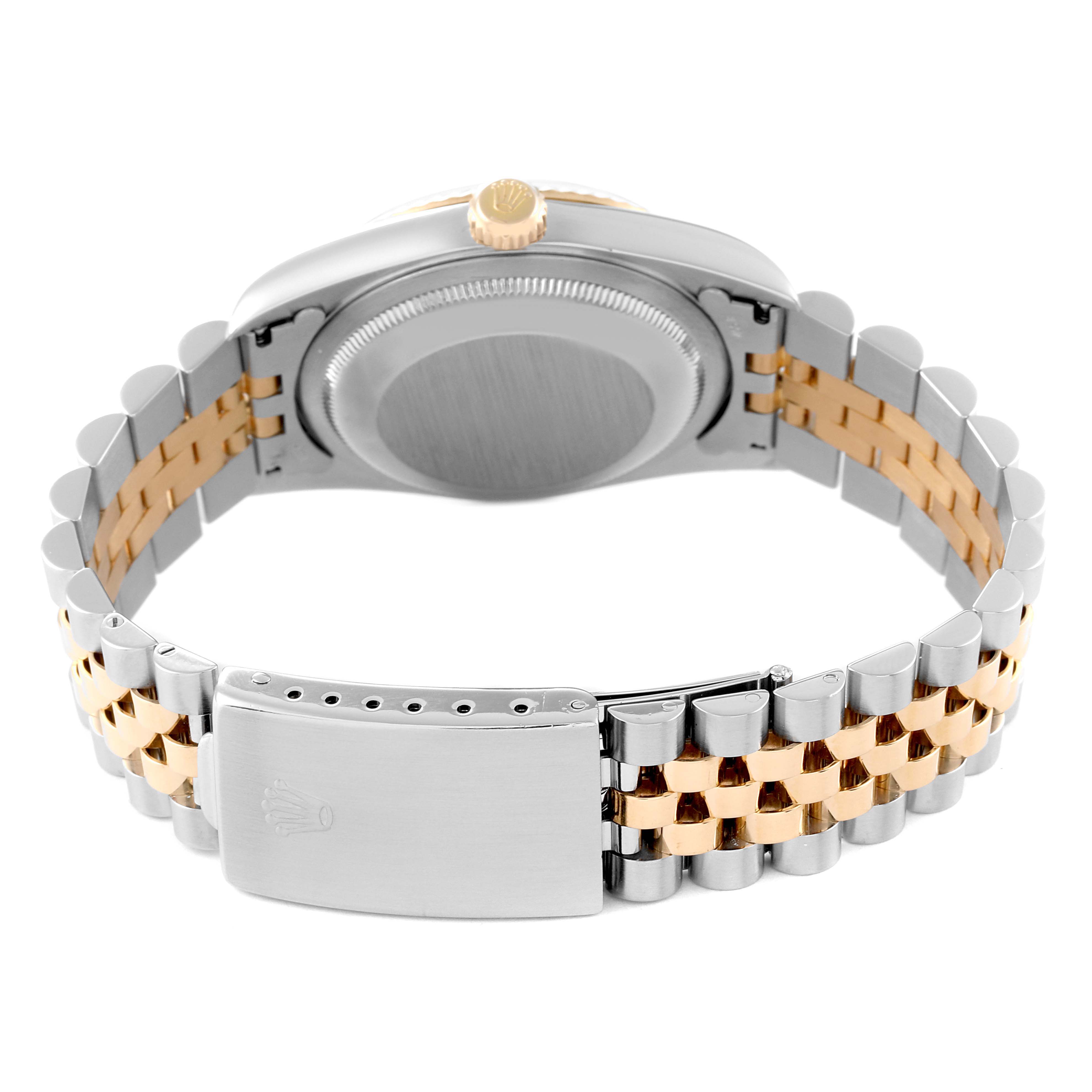 The image shows the back of a Rolex Datejust 16233 Men's Steel and Gold (two tone) Champagne Dial 16233 Men's Steel and Gold (two tone) Champagne Dial watch, focusing on the case back, crown, and two-tone bracelet with a clasp.