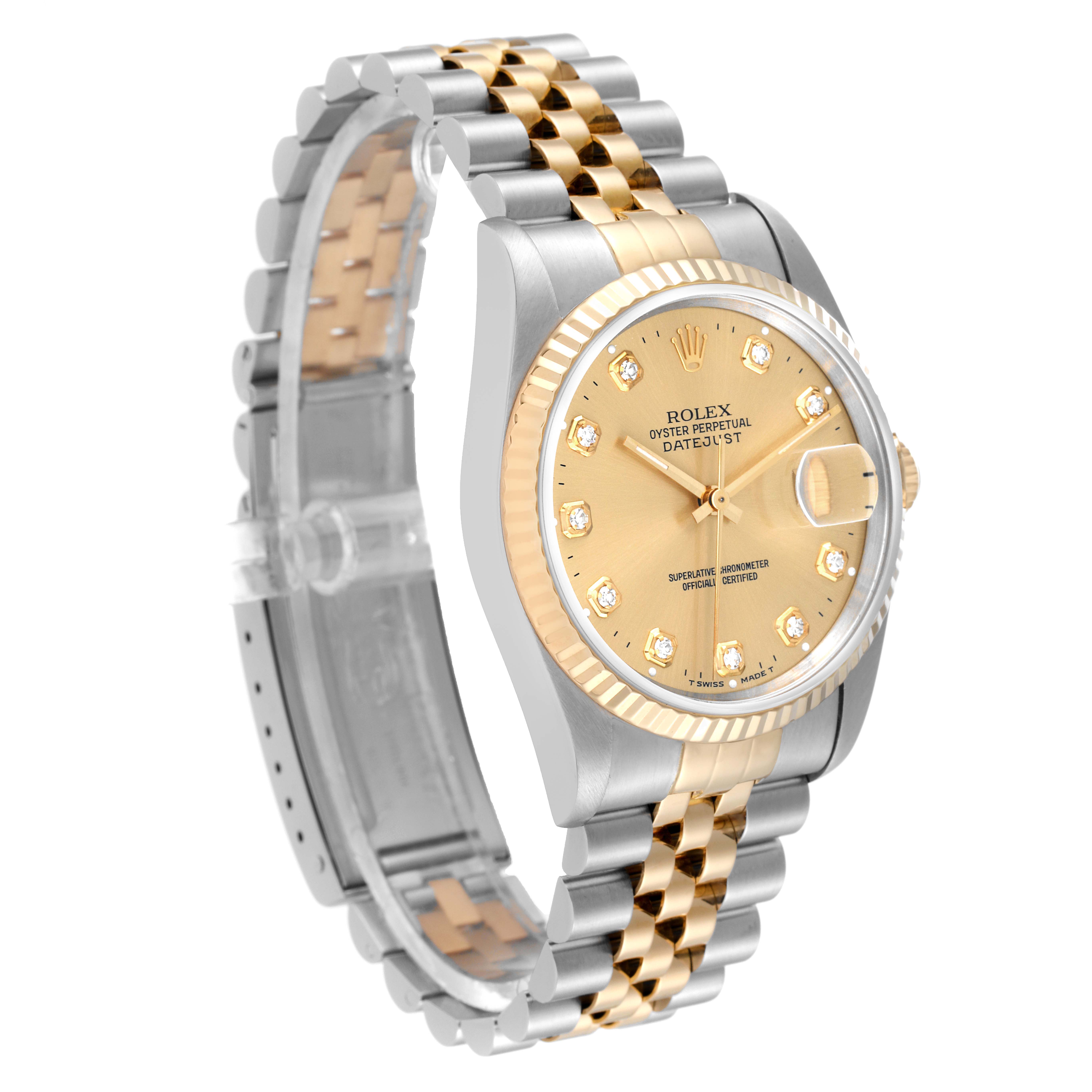 This image shows a Rolex Datejust 16233 Men's Steel and Gold (two tone) Champagne Dial 16233 Men's Steel and Gold (two tone) Champagne Dial watch angled to display its face, bezel, and two-tone bracelet.