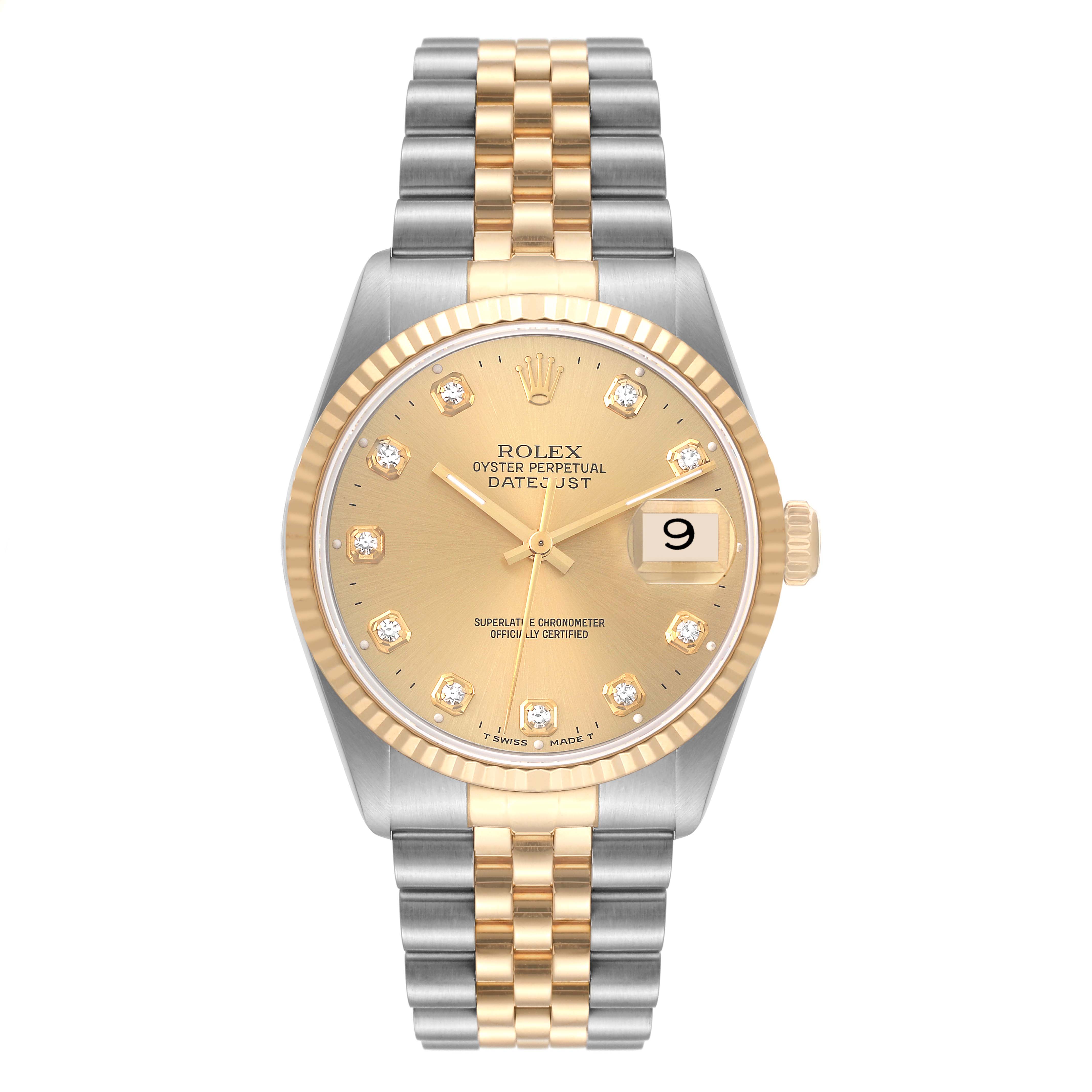 This Rolex Datejust 16233 Men's Steel and Gold (two tone) Champagne Dial 16233 Men's Steel and Gold (two tone) Champagne Dial watch is shown from a top-down angle, displaying the face, bezel, and bracelet.