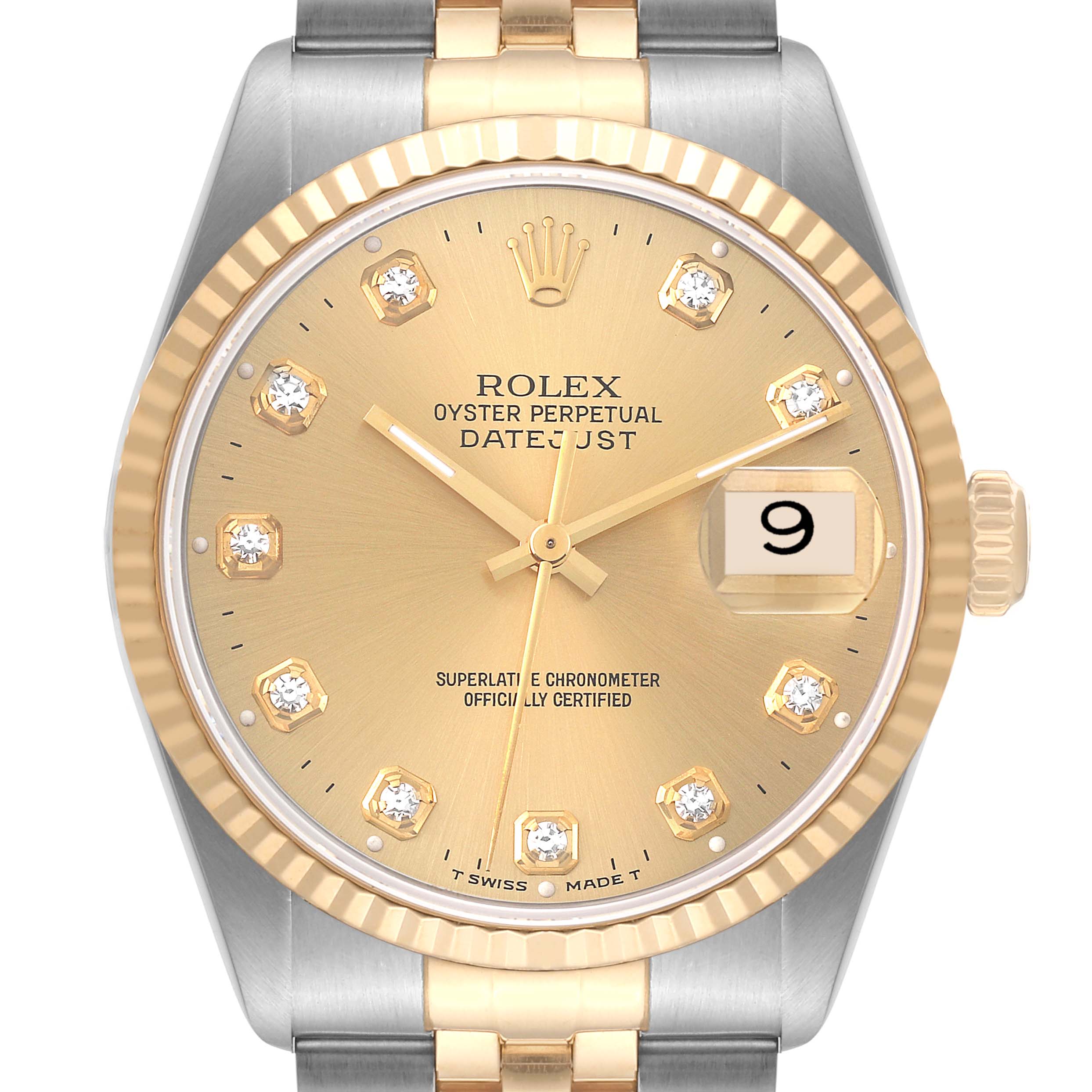 The image shows a close-up, front view of a Rolex Datejust 16233 Men's Steel and Gold (two tone) Champagne Dial 16233 Men's Steel and Gold (two tone) Champagne Dial watch displaying the dial, hands, bezel, and date window.