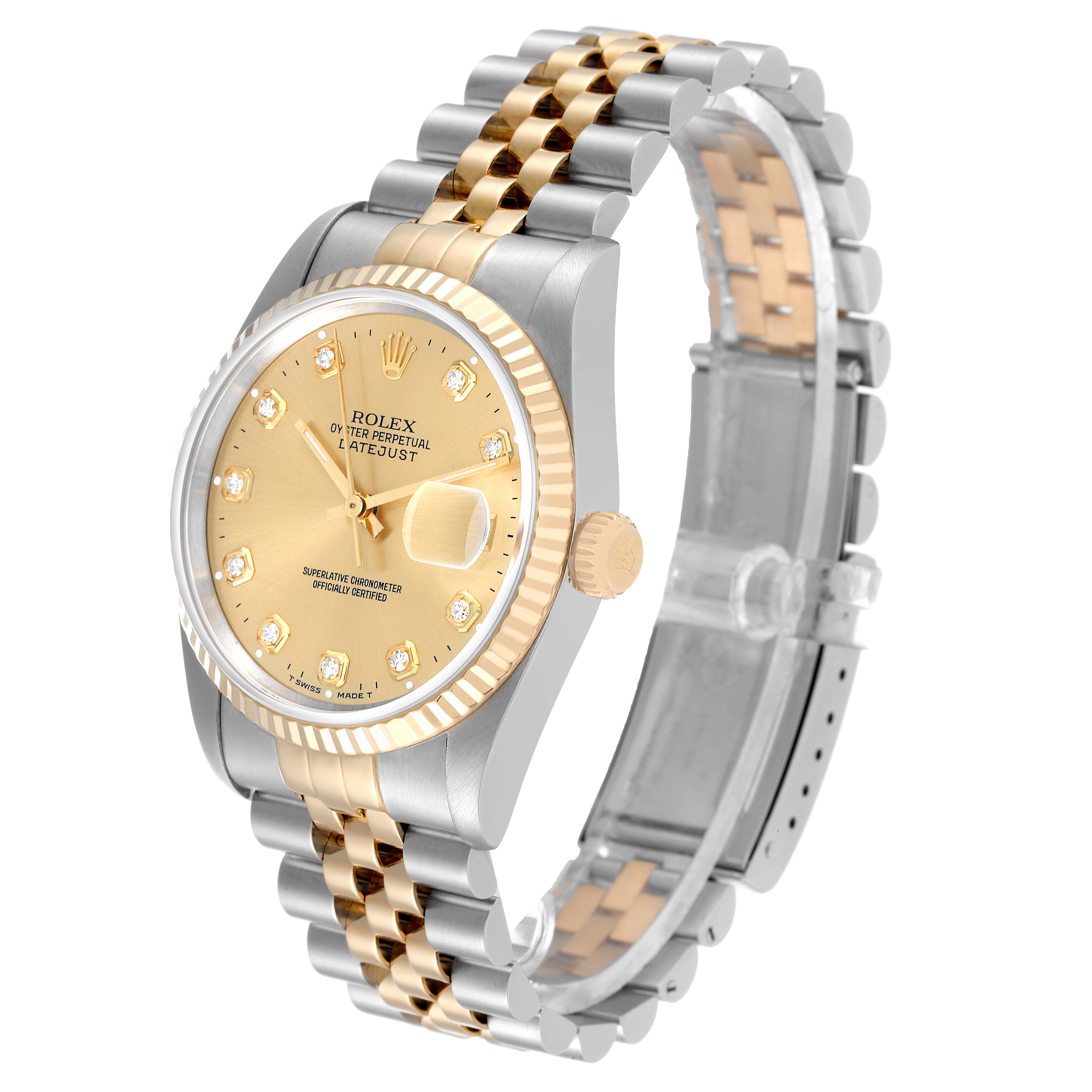 The image shows a side view of a Rolex Datejust 16233 Men's Steel and Gold (two tone) Champagne Dial 16233 Men's Steel and Gold (two tone) Champagne Dial watch, highlighting the dial, bezel, crown, and jubilee bracelet.