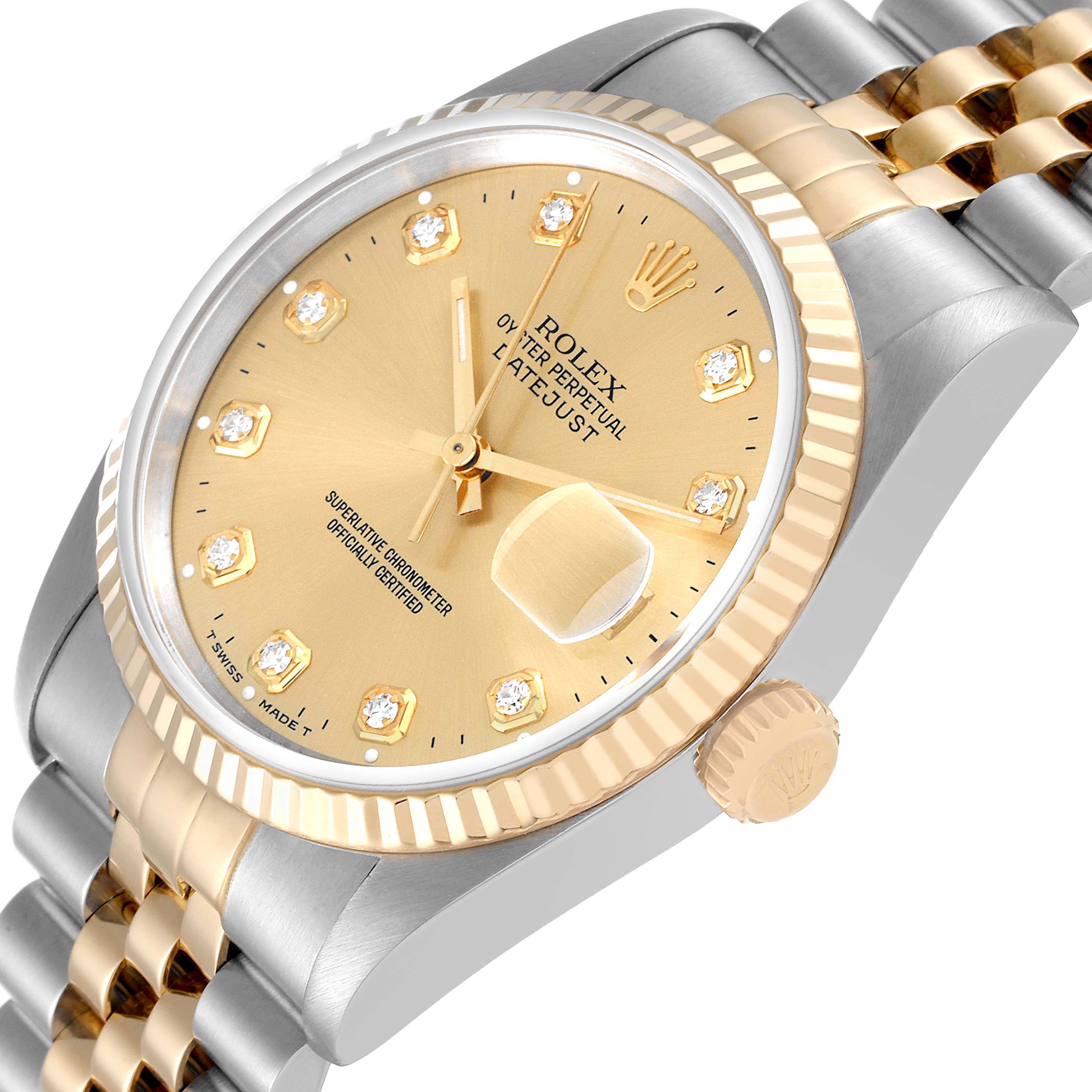 This image shows the face, crown, and part of the bracelet of a Rolex Datejust 16233 Men's Steel and Gold (two tone) Champagne Dial 16233 Men's Steel and Gold (two tone) Champagne Dial watch at an angled perspective.