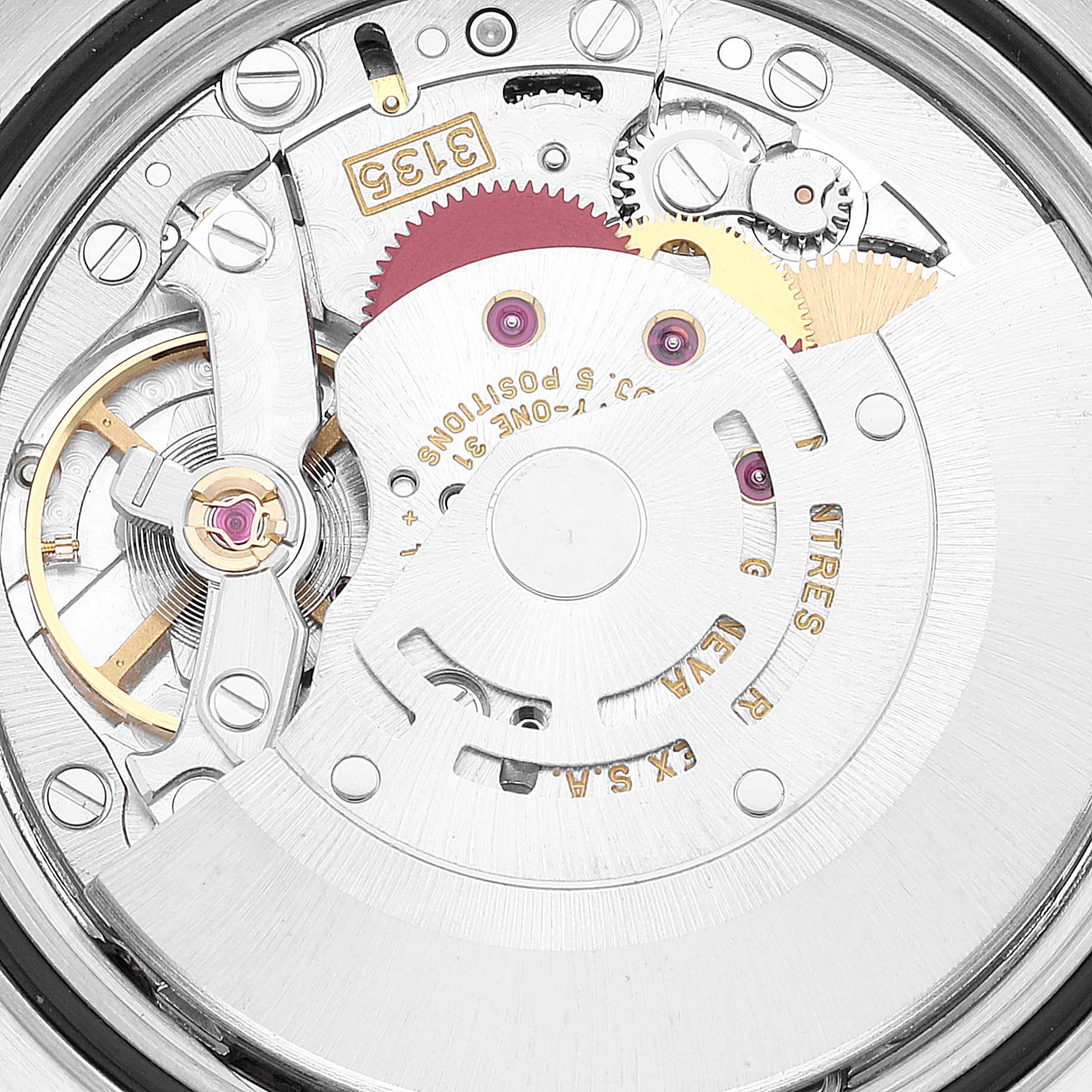 The image shows the movement and internal mechanics of a Rolex Datejust 16233 Men's Steel and Gold (two tone) Champagne Dial 16233 Men's Steel and Gold (two tone) Champagne Dial watch from a back view angle.
