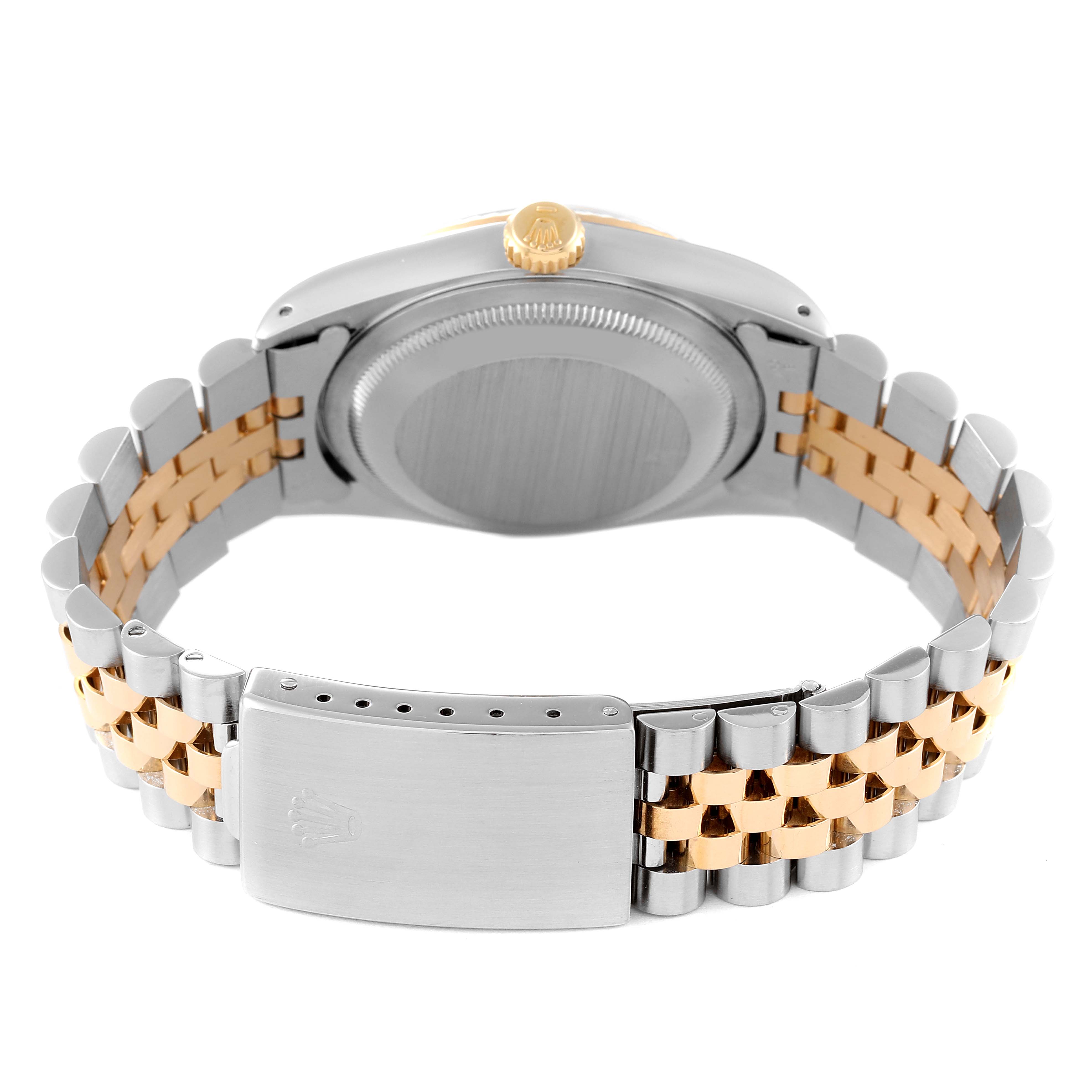 This image shows the back view of a Rolex Datejust 16233 Men's Steel and Gold (two tone) Champagne Dial 16233 Men's Steel and Gold (two tone) Champagne Dial watch, displaying the case back, crown, and Jubilee bracelet with the clasp.