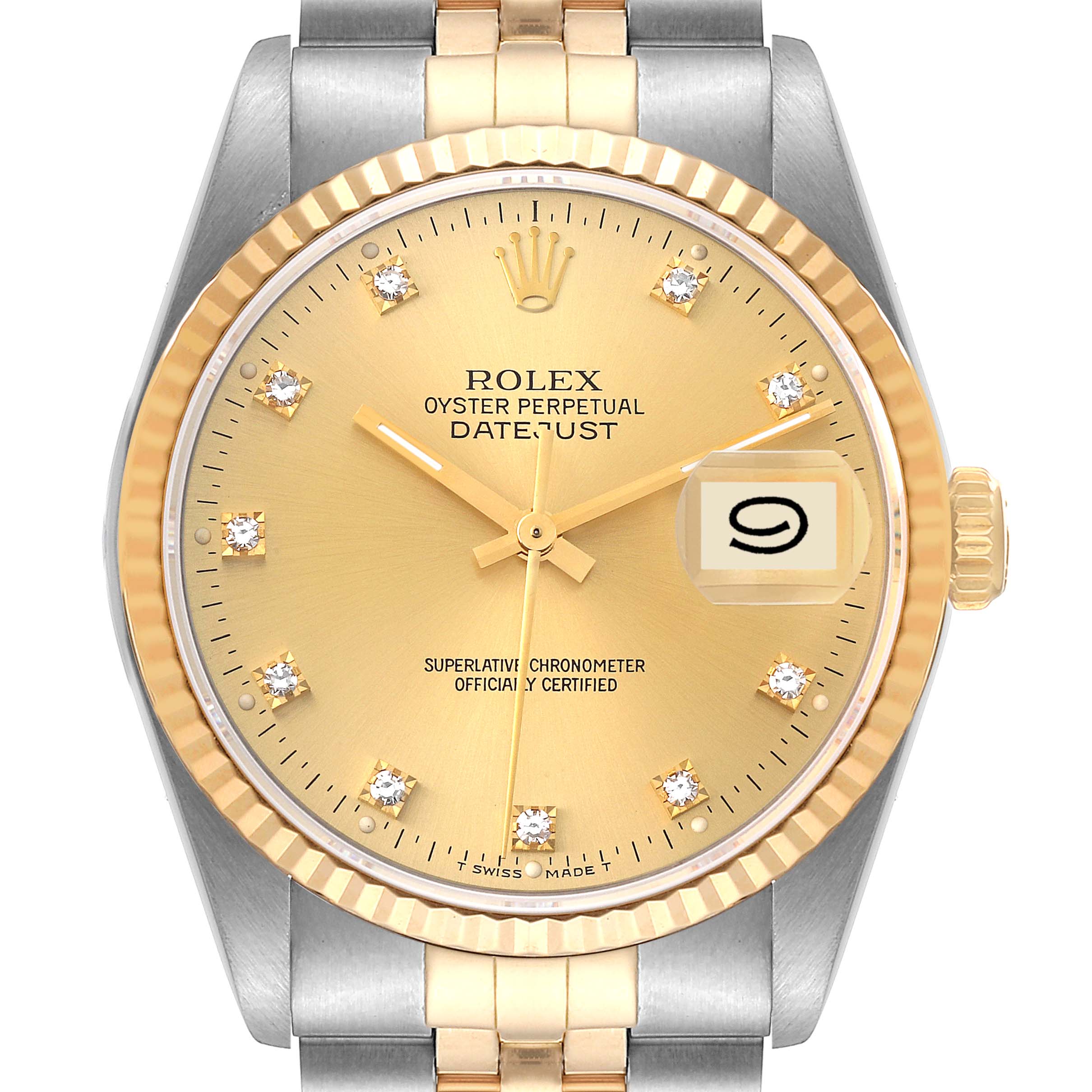 This is a direct front view of the Rolex Datejust 16233 Men's Steel and Gold (two tone) Champagne Dial 16233 Men's Steel and Gold (two tone) Champagne Dial watch, showing the dial, hands, date display, bezel, and a portion of the bracelet.
