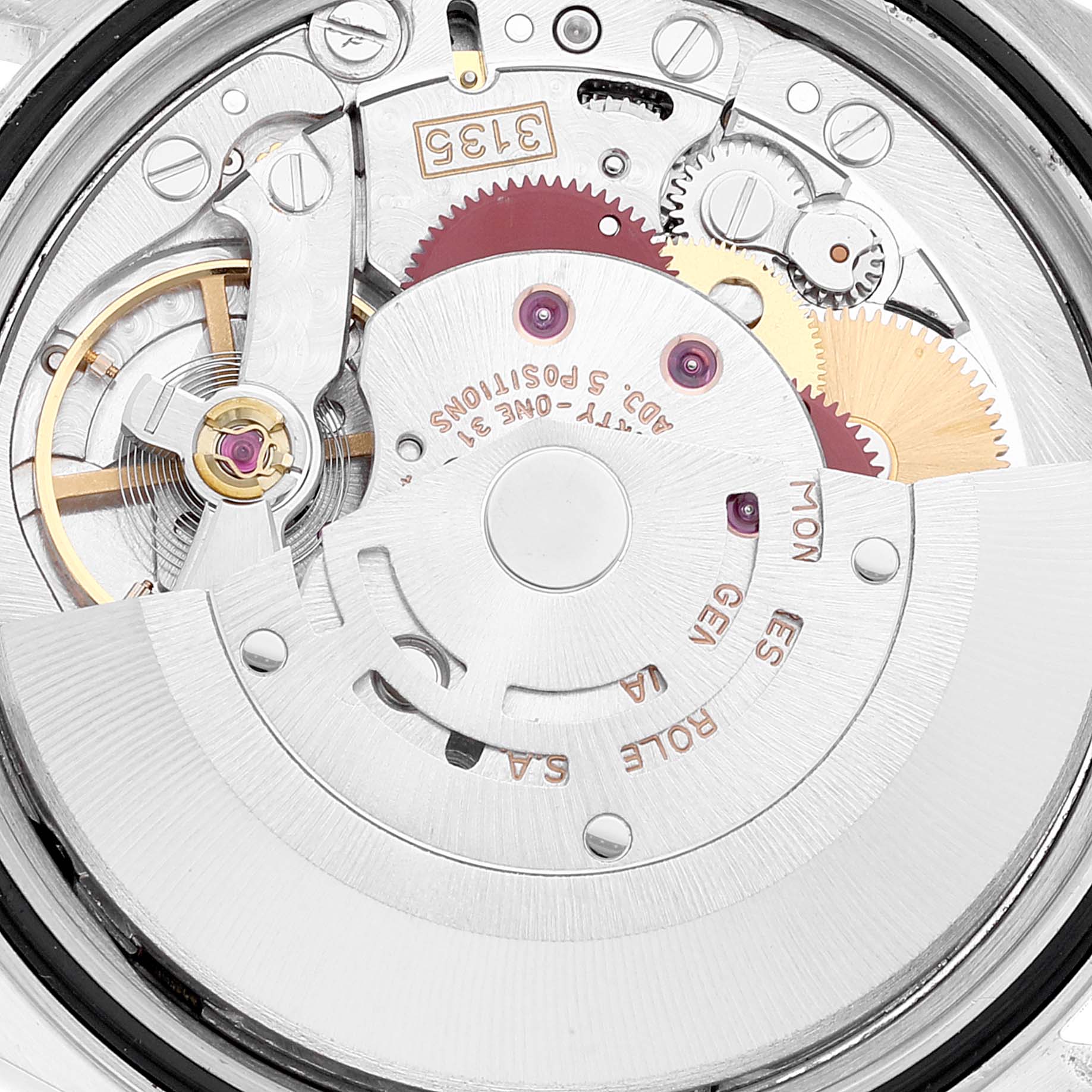 This image shows a close-up of the inner movement mechanism of a Rolex Datejust 16233 Men's Steel and Gold (two tone) Champagne Dial 16233 Men's Steel and Gold (two tone) Champagne Dial watch.