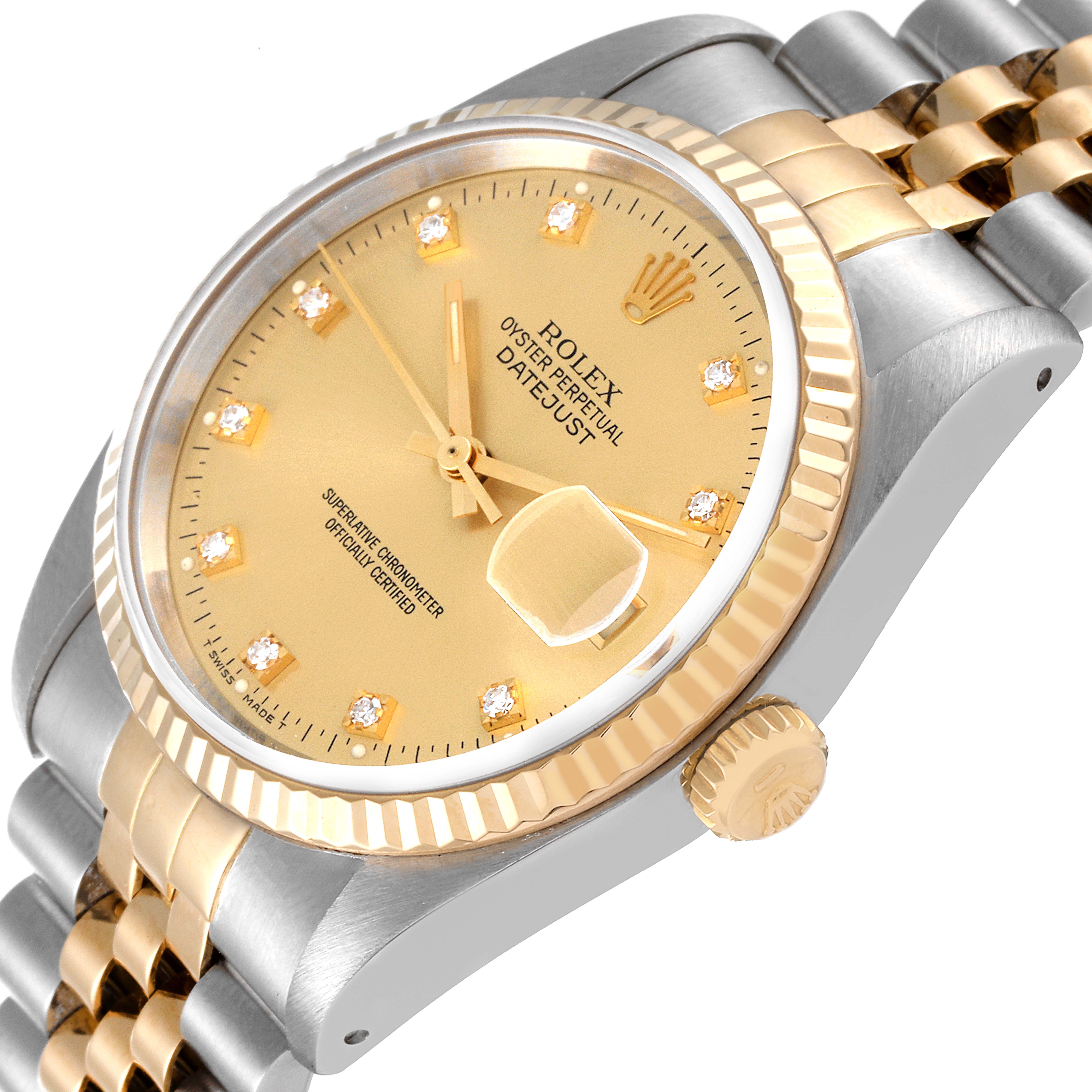 The image shows a close-up angled view of the Rolex Datejust 16233 Men's Steel and Gold (two tone) Champagne Dial 16233 Men's Steel and Gold (two tone) Champagne Dial watch, highlighting its dial, fluted bezel, and jubilee bracelet.