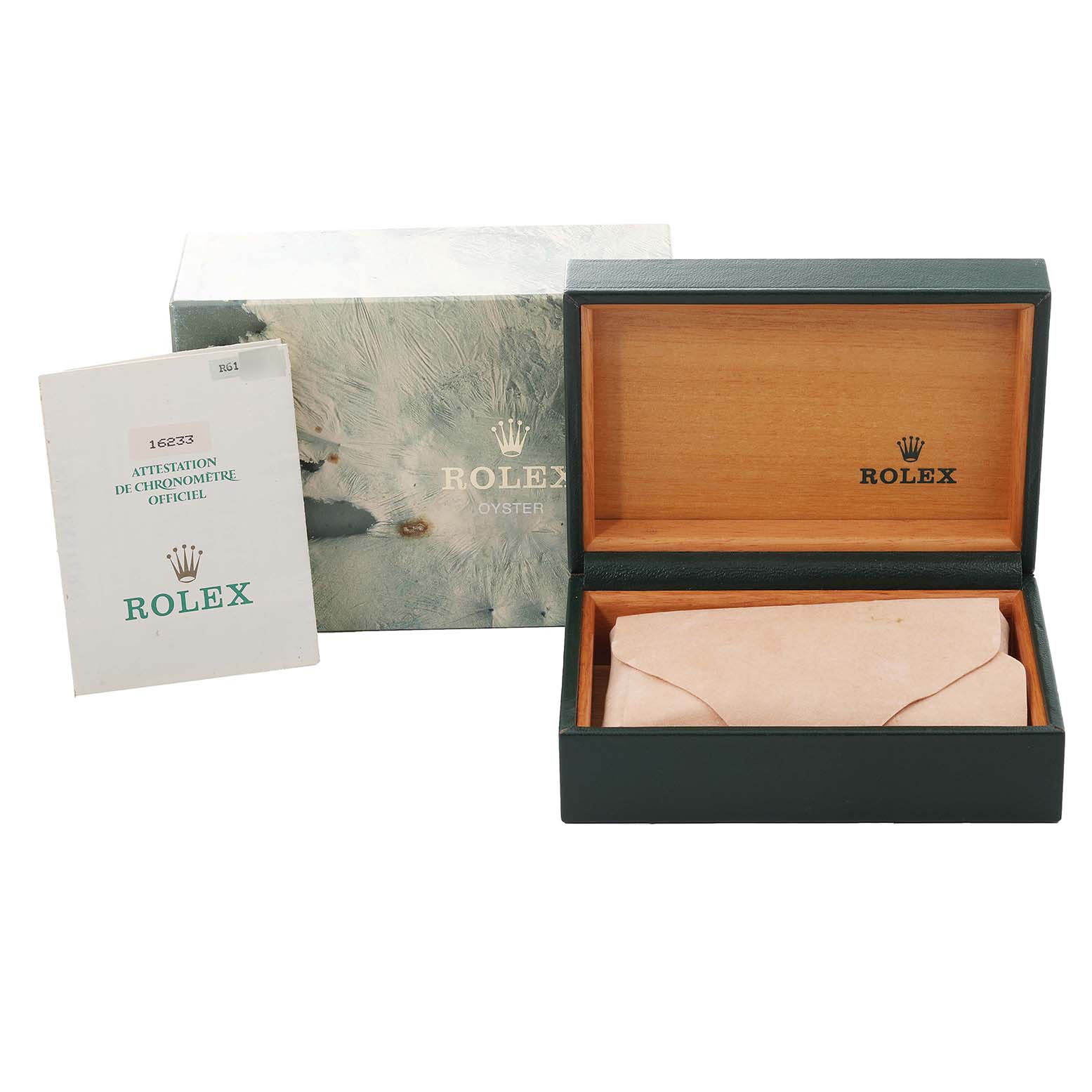 The image shows the packaging and documents of a Rolex Datejust 16233 Men's Steel and Gold (two tone) Champagne Dial 16233 Men's Steel and Gold (two tone) Champagne Dial watch, including the box, outer box, and certificate.