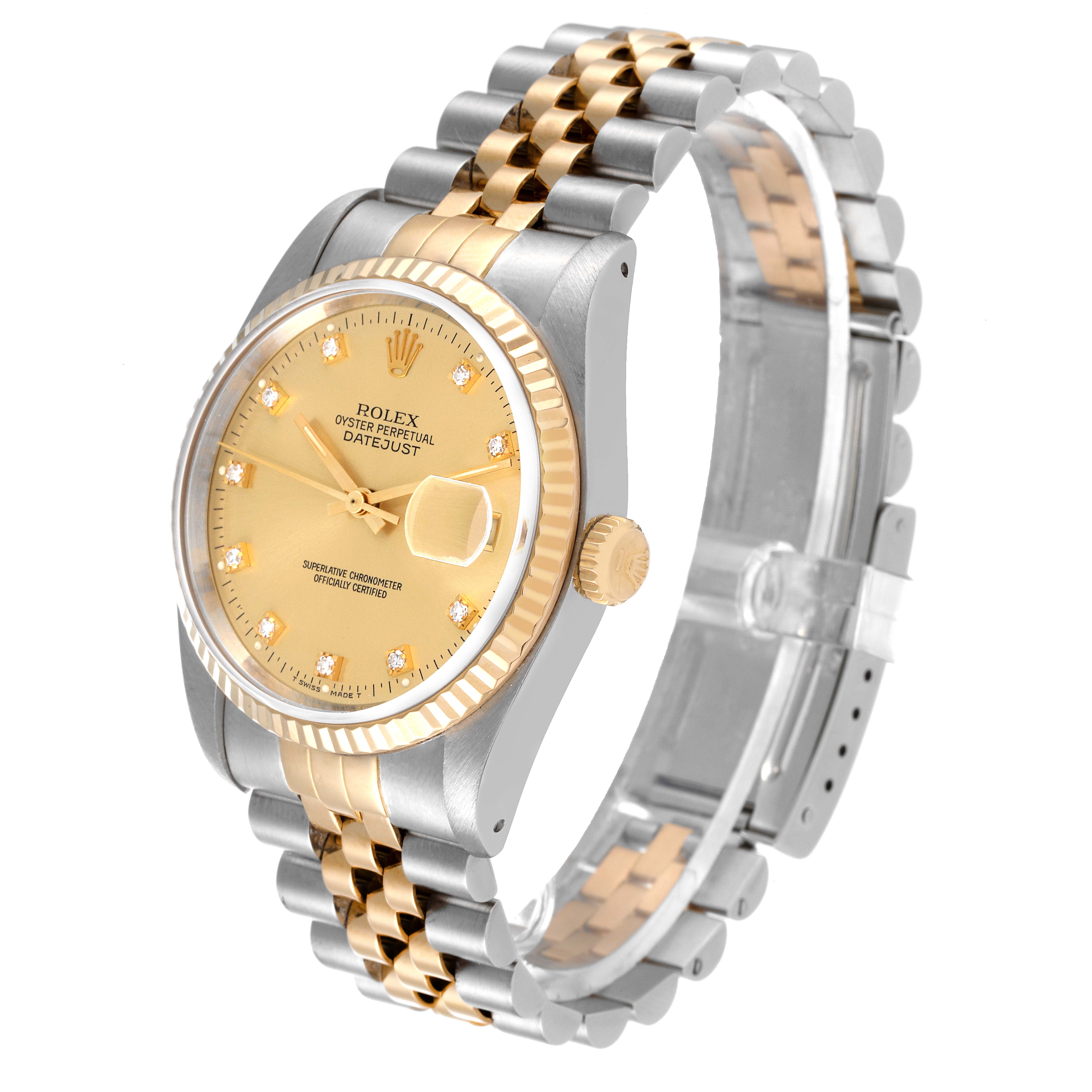 The image shows a Rolex Datejust 16233 Men's Steel and Gold (two tone) Champagne Dial 16233 Men's Steel and Gold (two tone) Champagne Dial watch at a three-quarter angle, highlighting the dial, bezel, case, and two-tone bracelet.