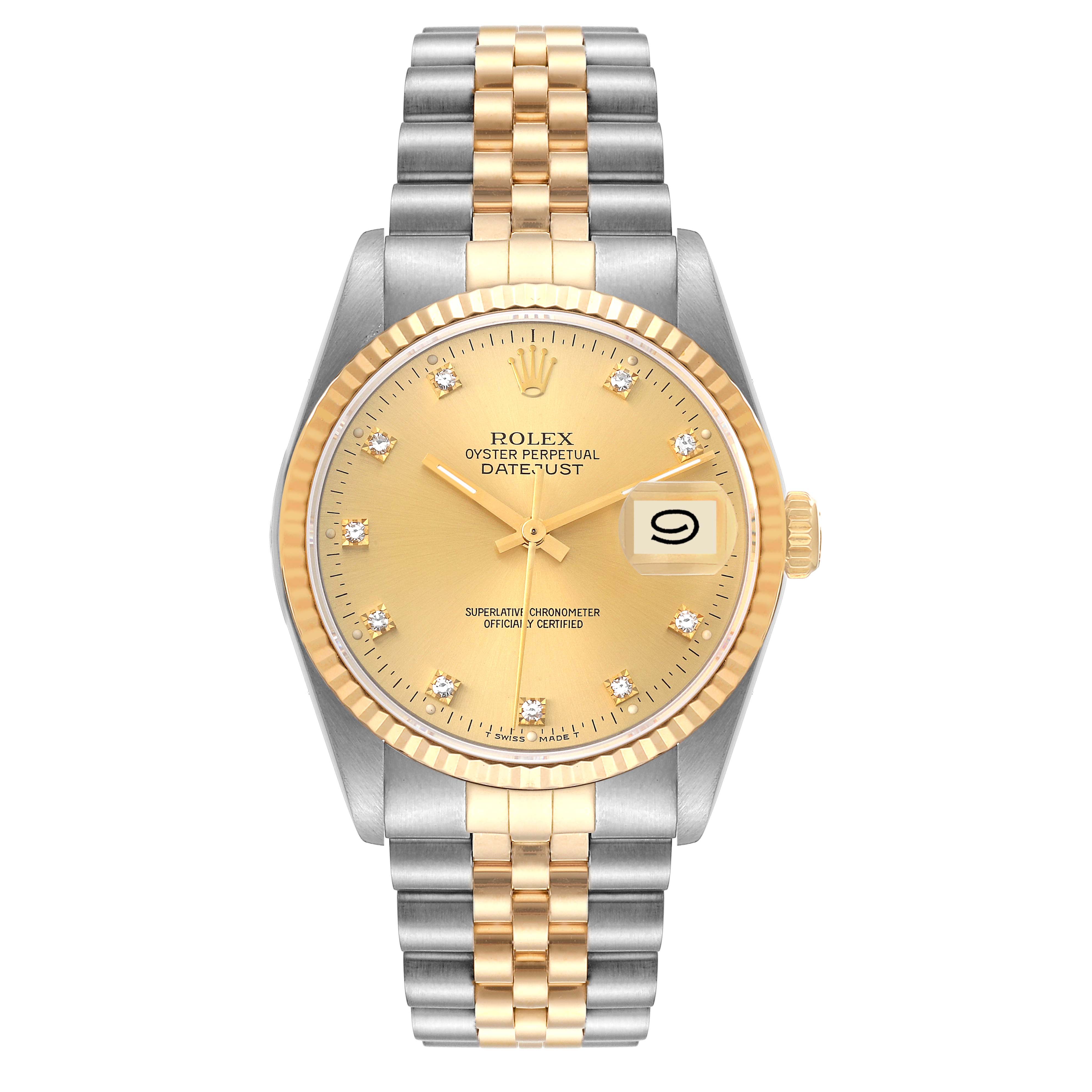 The image shows a frontal view of a Rolex Datejust 16233 Men's Steel and Gold (two tone) Champagne Dial 16233 Men's Steel and Gold (two tone) Champagne Dial watch with a gold and silver jubilee bracelet.