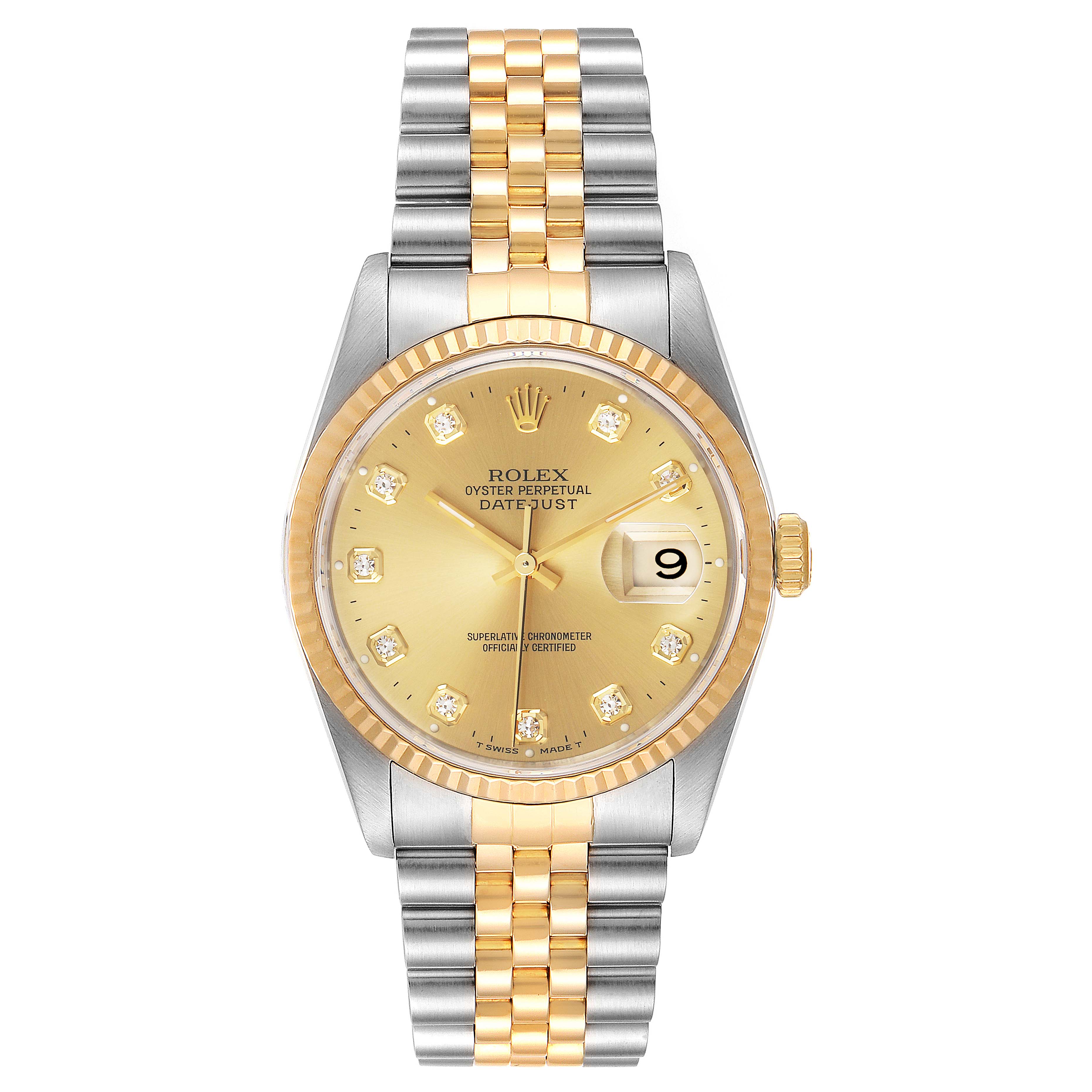 The image shows a front view of a Rolex Datejust 16233 Men's Steel and Gold (two tone) Champagne Dial 16233 Men's Steel and Gold (two tone) Champagne Dial watch with a gold and silver bracelet, gold dial, diamond hour markers, and date window.