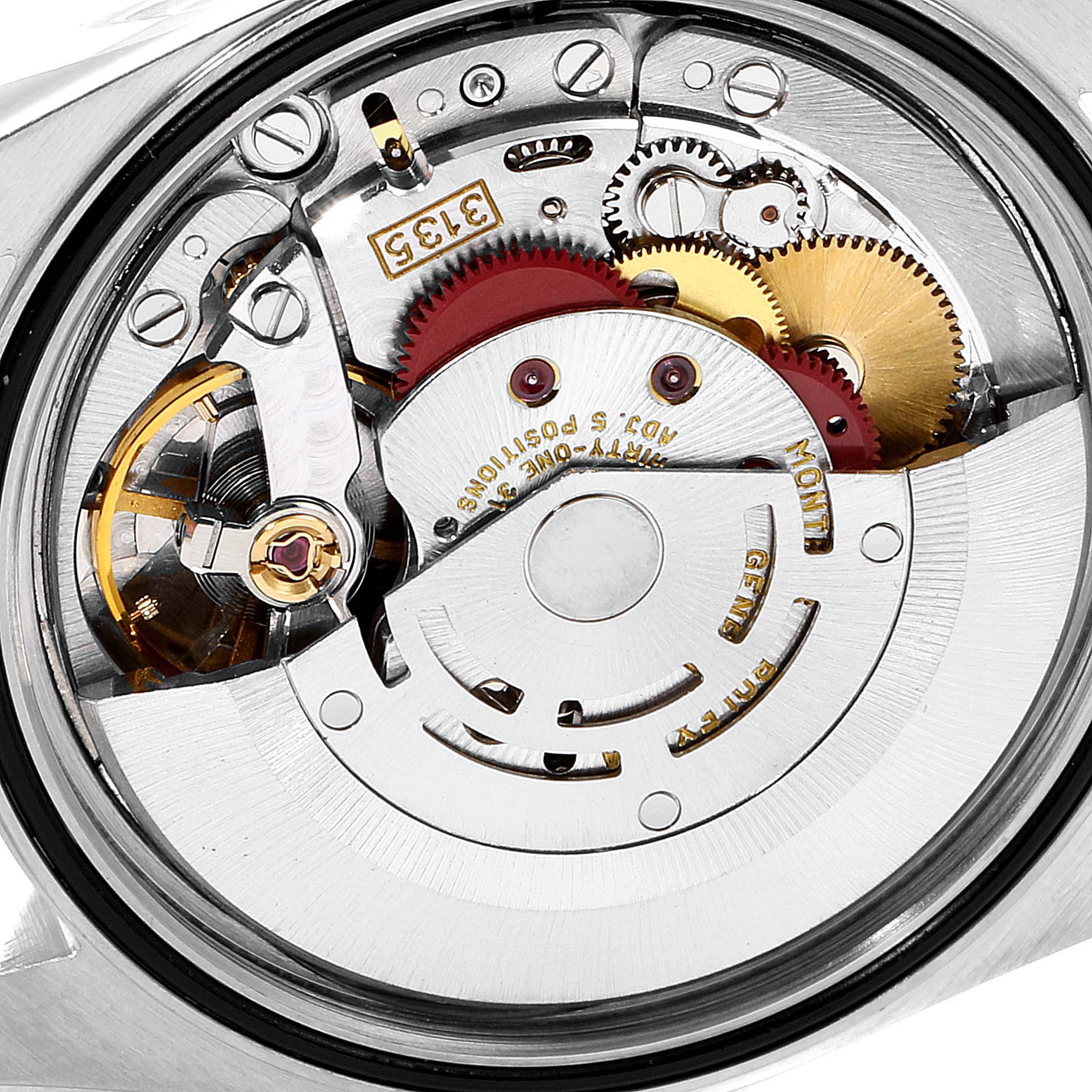 The image shows the internal mechanism of a Rolex Datejust 16233 Men's Steel and Gold (two tone) Champagne Dial 16233 Men's Steel and Gold (two tone) Champagne Dial model, focusing on gears and movement parts.