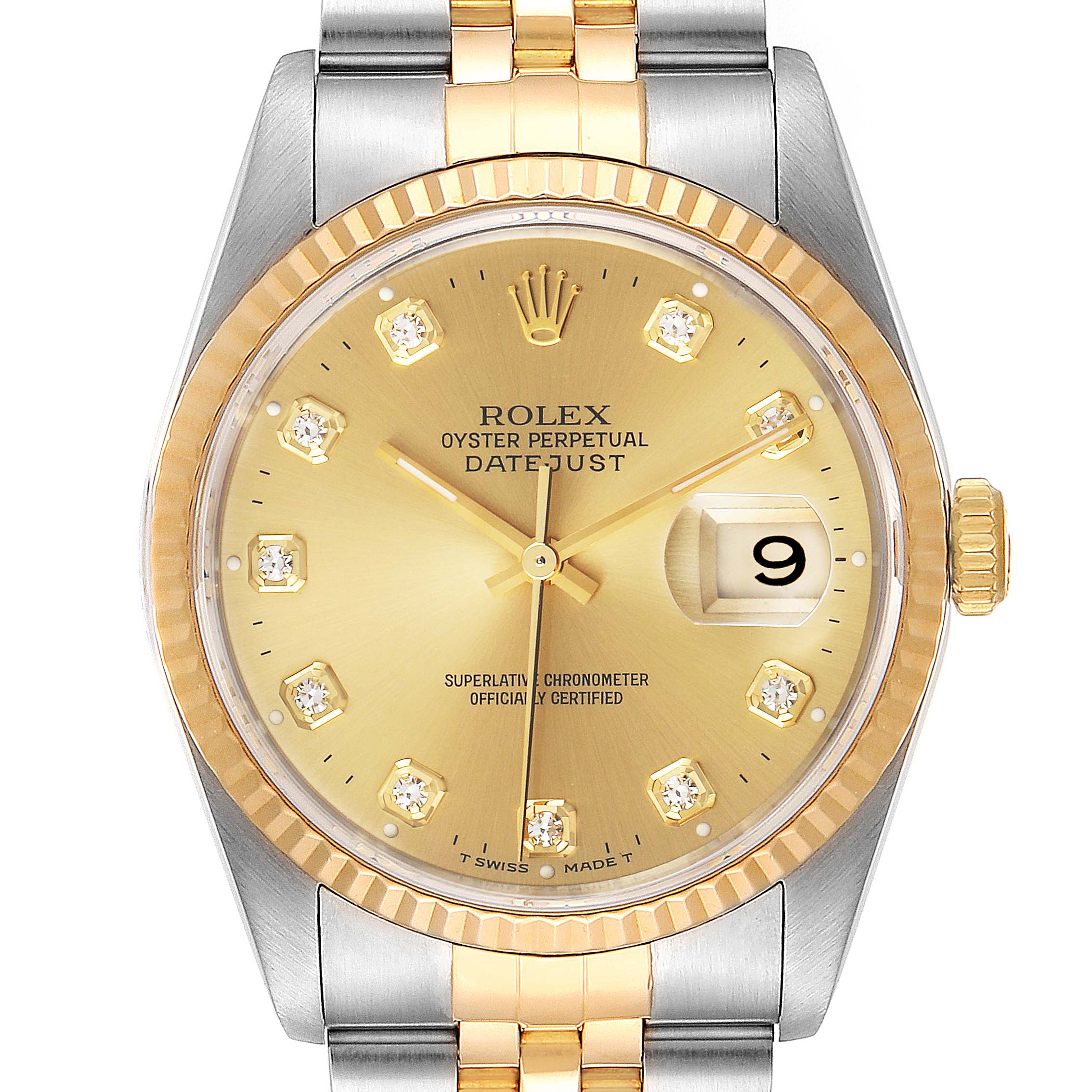 This is a close-up front view of the Rolex Datejust 16233 Men's Steel and Gold (two tone) Champagne Dial 16233 Men's Steel and Gold (two tone) Champagne Dial watch, showing the dial, bezel, crown, and part of the bracelet.