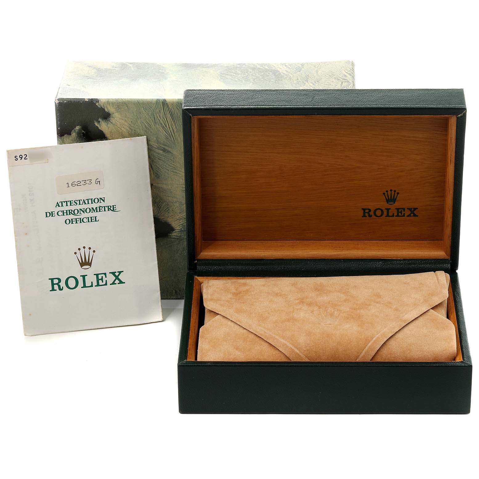 The image shows a Rolex Datejust 16233 Men's Steel and Gold (two tone) Champagne Dial 16233 Men's Steel and Gold (two tone) Champagne Dial model box with its official chronometer certification and a suede pouch, all at a front angle.