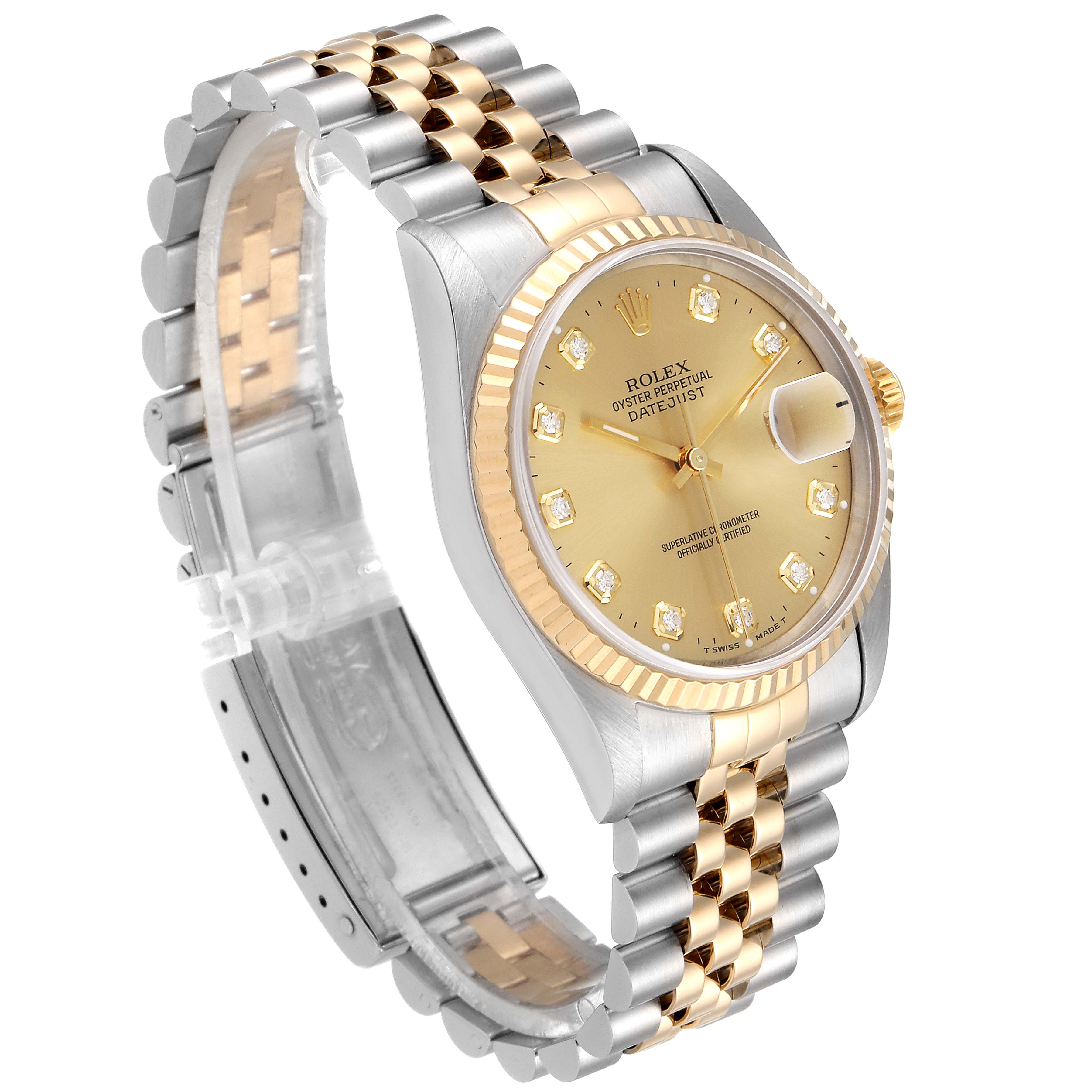 This image shows a Rolex Datejust 16233 Men's Steel and Gold (two tone) Champagne Dial 16233 Men's Steel and Gold (two tone) Champagne Dial watch at a 3/4 angle, highlighting the gold dial, fluted bezel, and two-tone bracelet.