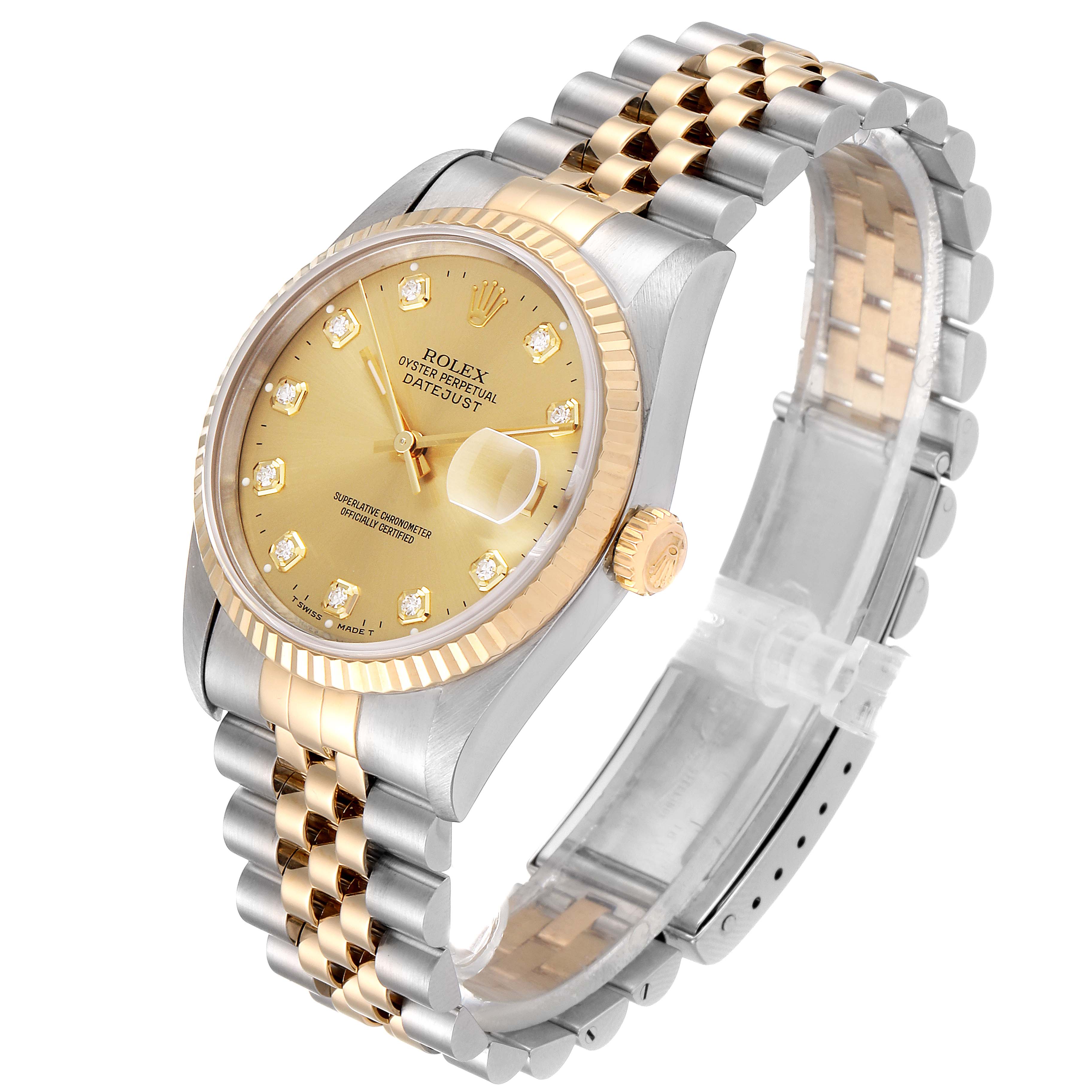The Rolex Datejust 16233 Men's Steel and Gold (two tone) Champagne Dial 16233 Men's Steel and Gold (two tone) Champagne Dial watch is shown at a slight angle, displaying its dial, bezel, jubilee bracelet, and crown.