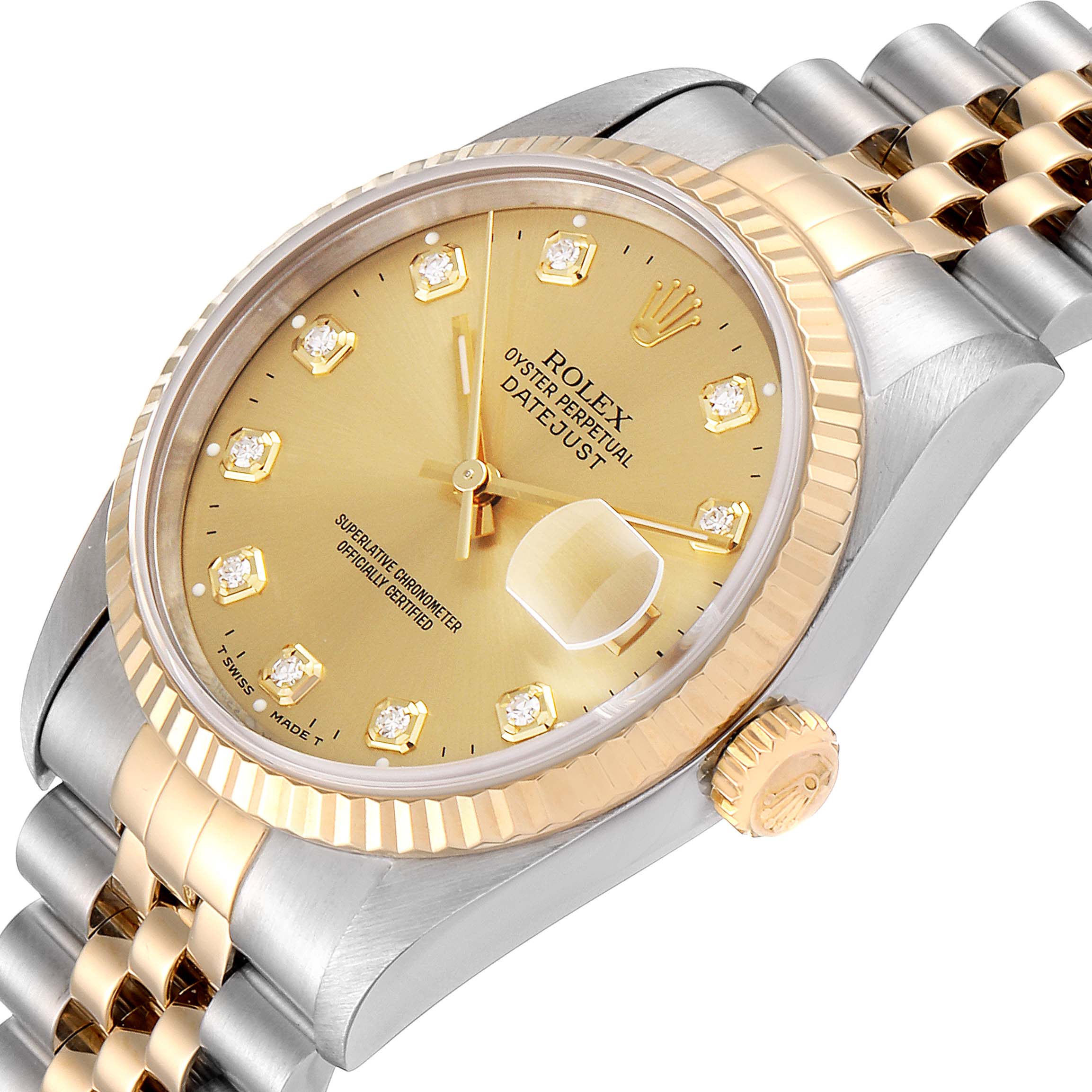 This image shows a close-up view of a Rolex Datejust 16233 Men's Steel and Gold (two tone) Champagne Dial 16233 Men's Steel and Gold (two tone) Champagne Dial watch, highlighting the dial, bezel, crown, and part of the bracelet.