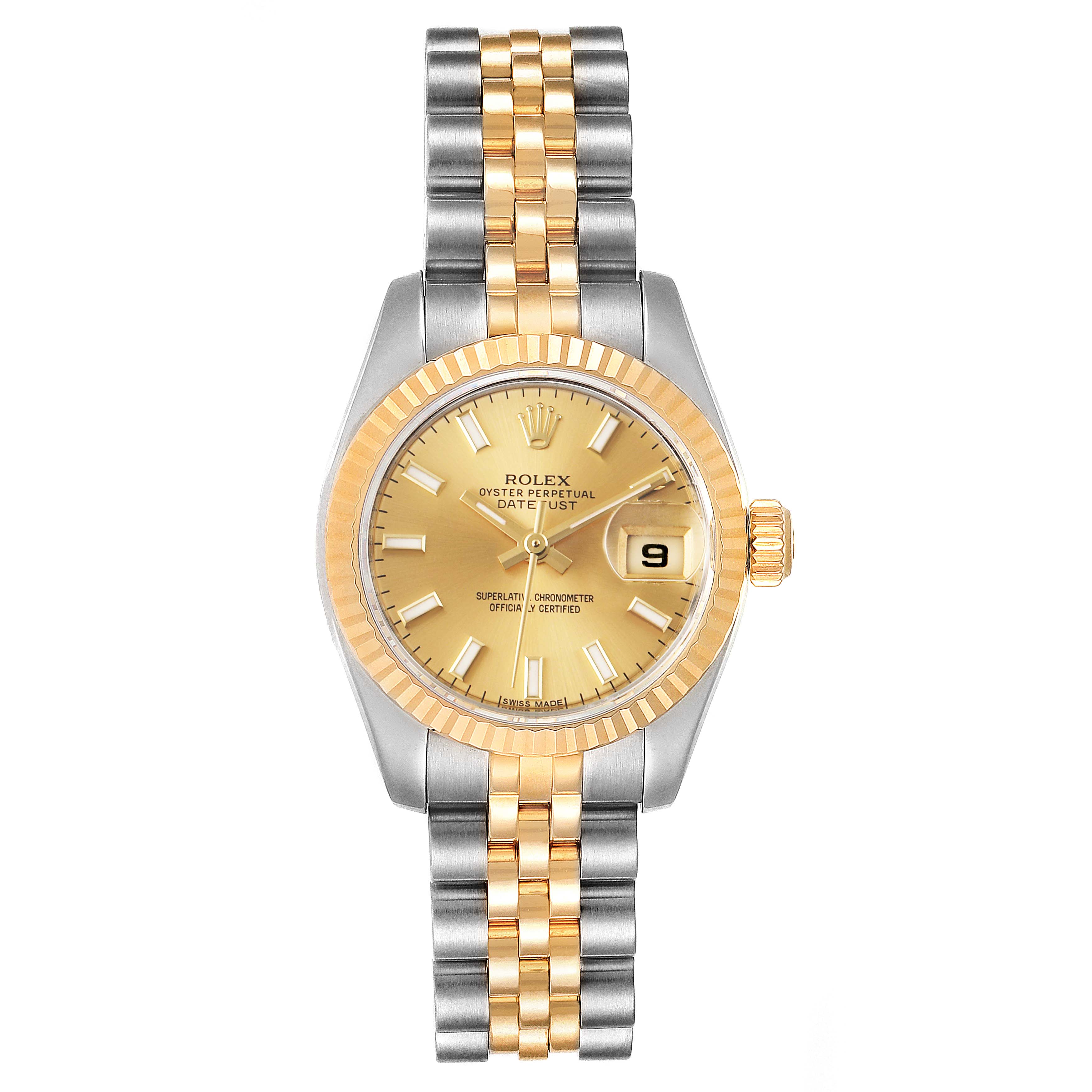 The Rolex Datejust 179173 Women
s Steel and Gold (two tone) Champagne Dial 179173 Women
s Steel and Gold (two tone) Champagne Dial watch is shown from a top-down angle, displaying the dial, bezel, and bracelet.