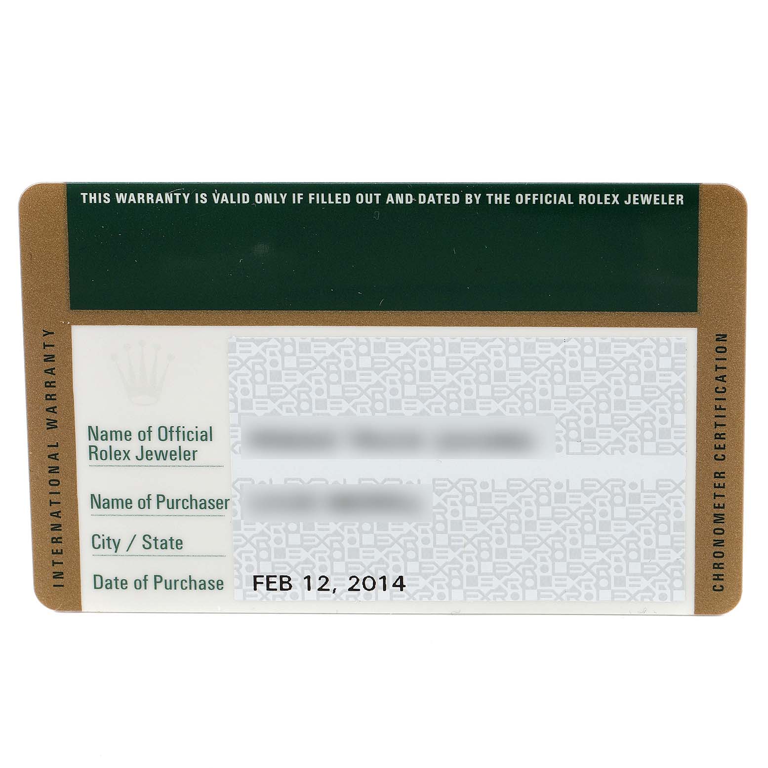 This image shows the official warranty card for the Rolex Datejust 179173 Women
s Steel and Gold (two tone) Champagne Dial 179173 Women
s Steel and Gold (two tone) Champagne Dial model, featuring purchase details and certifications.