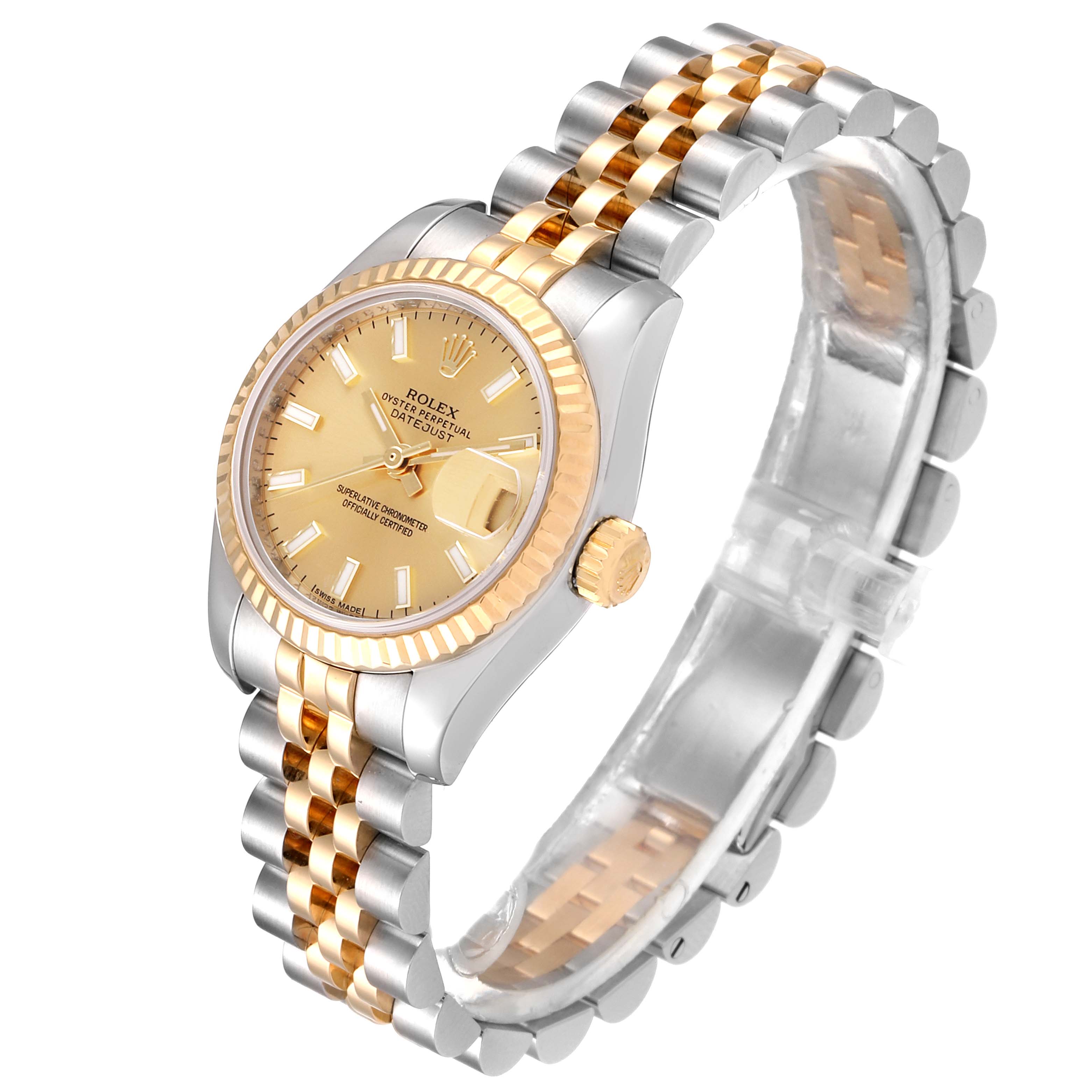 The Rolex Datejust 179173 Women
s Steel and Gold (two tone) Champagne Dial 179173 Women
s Steel and Gold (two tone) Champagne Dial watch is shown at an angle displaying the face, bezel, crown, and bracelet.
