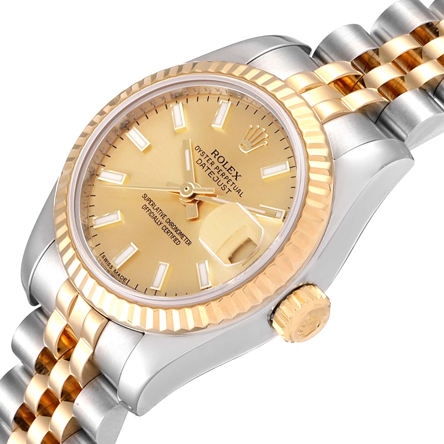 The image shows a Rolex Datejust 179173 Women
s Steel and Gold (two tone) Champagne Dial 179173 Women
s Steel and Gold (two tone) Champagne Dial watch at an angled top-down view, highlighting the dial, crown, bezel, and bracelet.