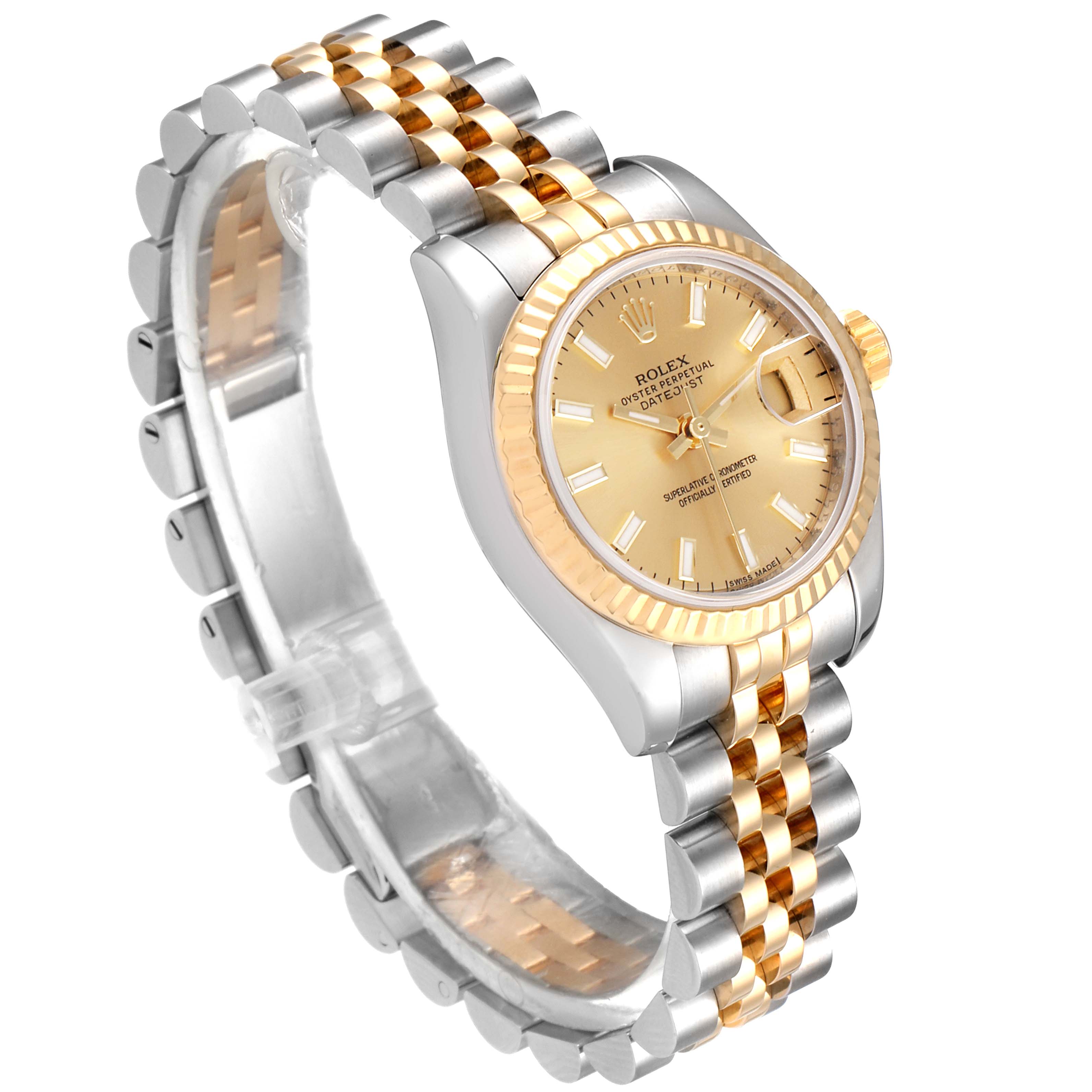 The Rolex Datejust 179173 Women
s Steel and Gold (two tone) Champagne Dial 179173 Women
s Steel and Gold (two tone) Champagne Dial model watch is shown at an oblique angle, highlighting its gold bezel, dial, and two-tone metal bracelet.
