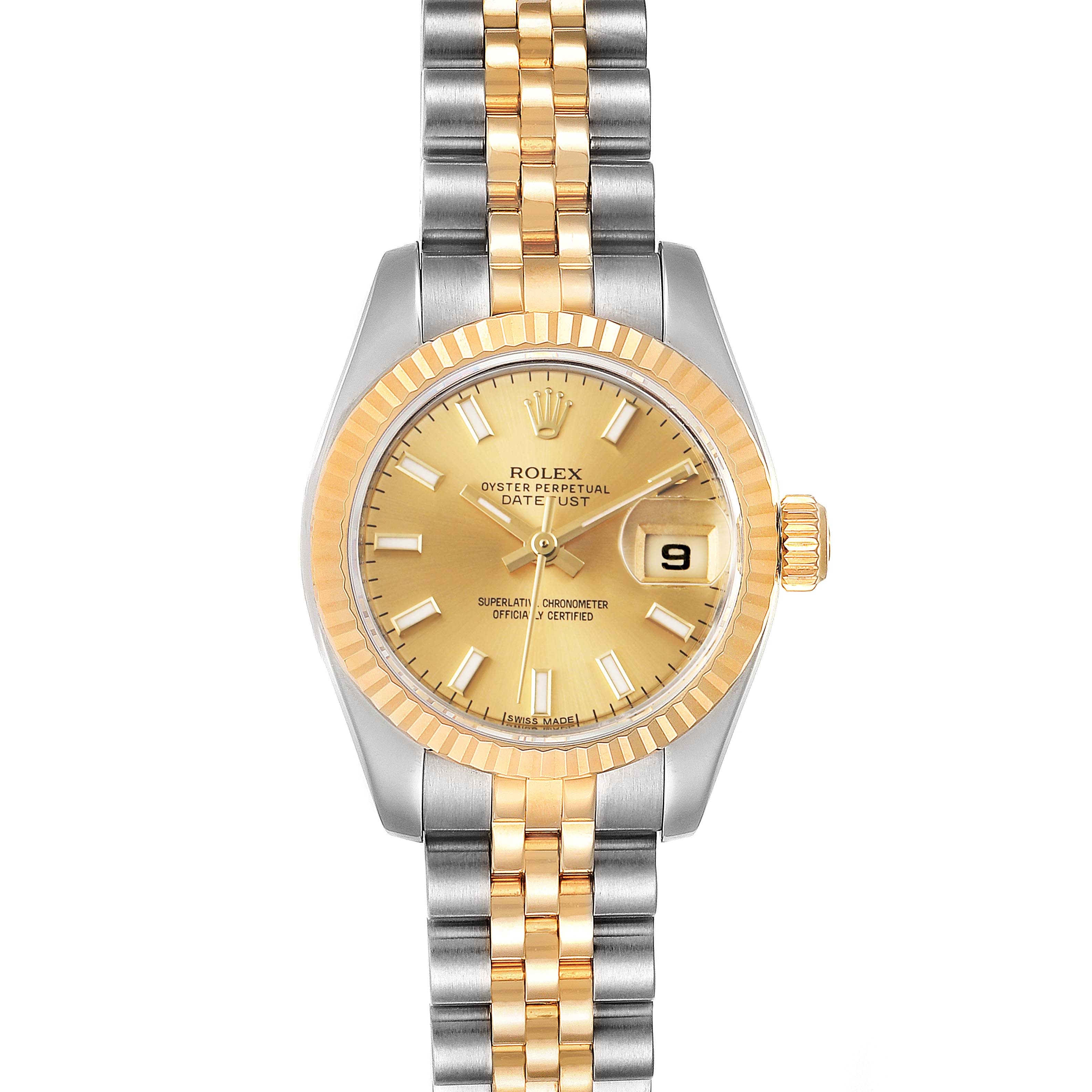 Frontal angle showing the face, bezel, crown, and bracelet of the Rolex Datejust 179173 Women
s Steel and Gold (two tone) Champagne Dial 179173 Women
s Steel and Gold (two tone) Champagne Dial model.
