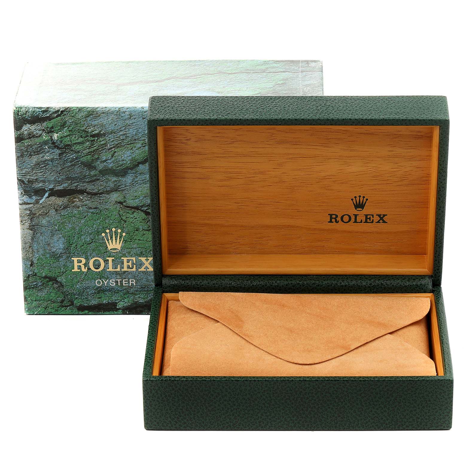 This image shows an open Rolex Datejust 16233 Men
s Steel and Gold (two tone) Mother of Pearl Dial 16233 Men
s Steel and Gold (two tone) Mother of Pearl Dial watch box with an outer box, inner wooden box, and protective pouch.