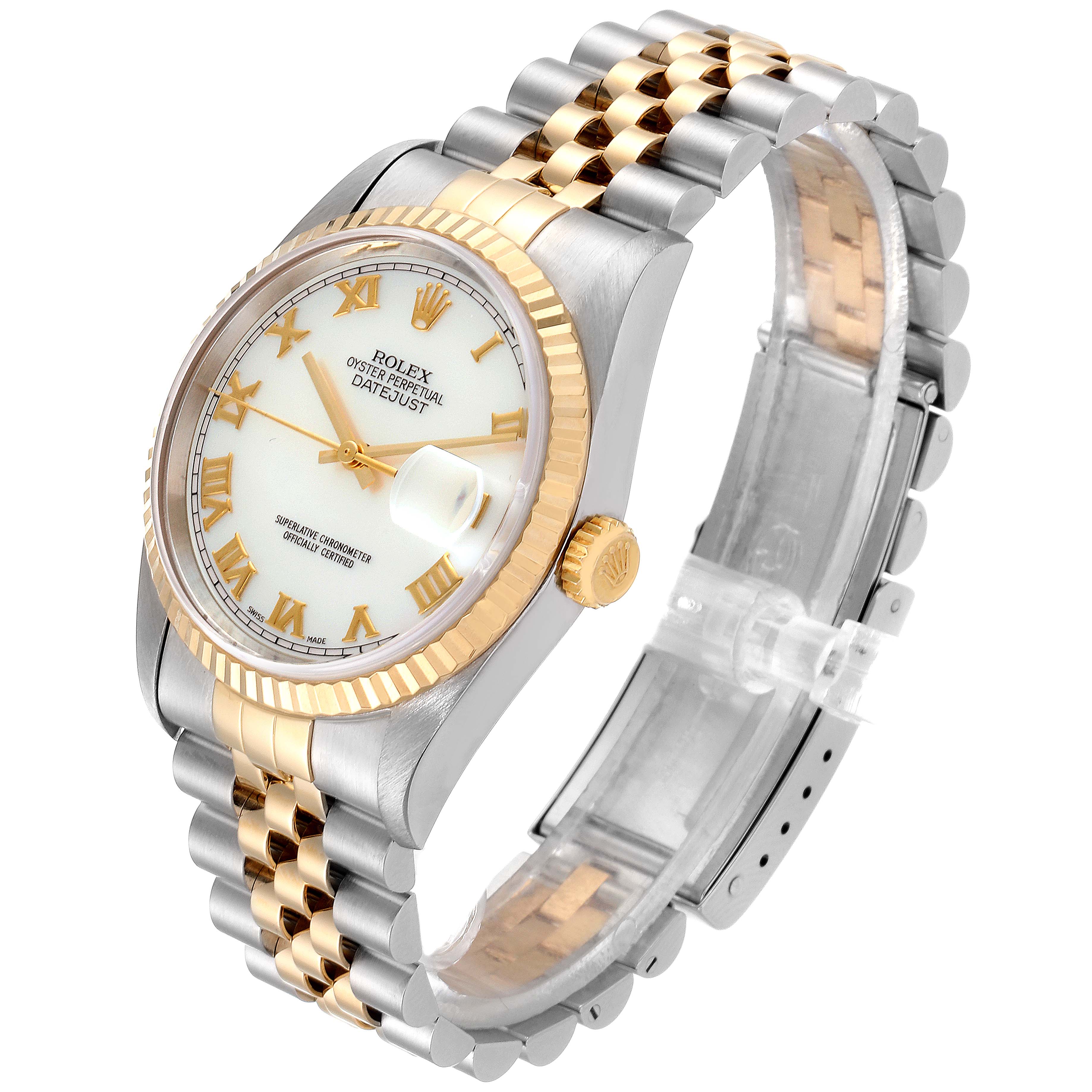 The image shows a Rolex Datejust 16233 Men
s Steel and Gold (two tone) Mother of Pearl Dial 16233 Men
s Steel and Gold (two tone) Mother of Pearl Dial watch at an oblique angle, displaying the face, bezel, crown, and bracelet.
