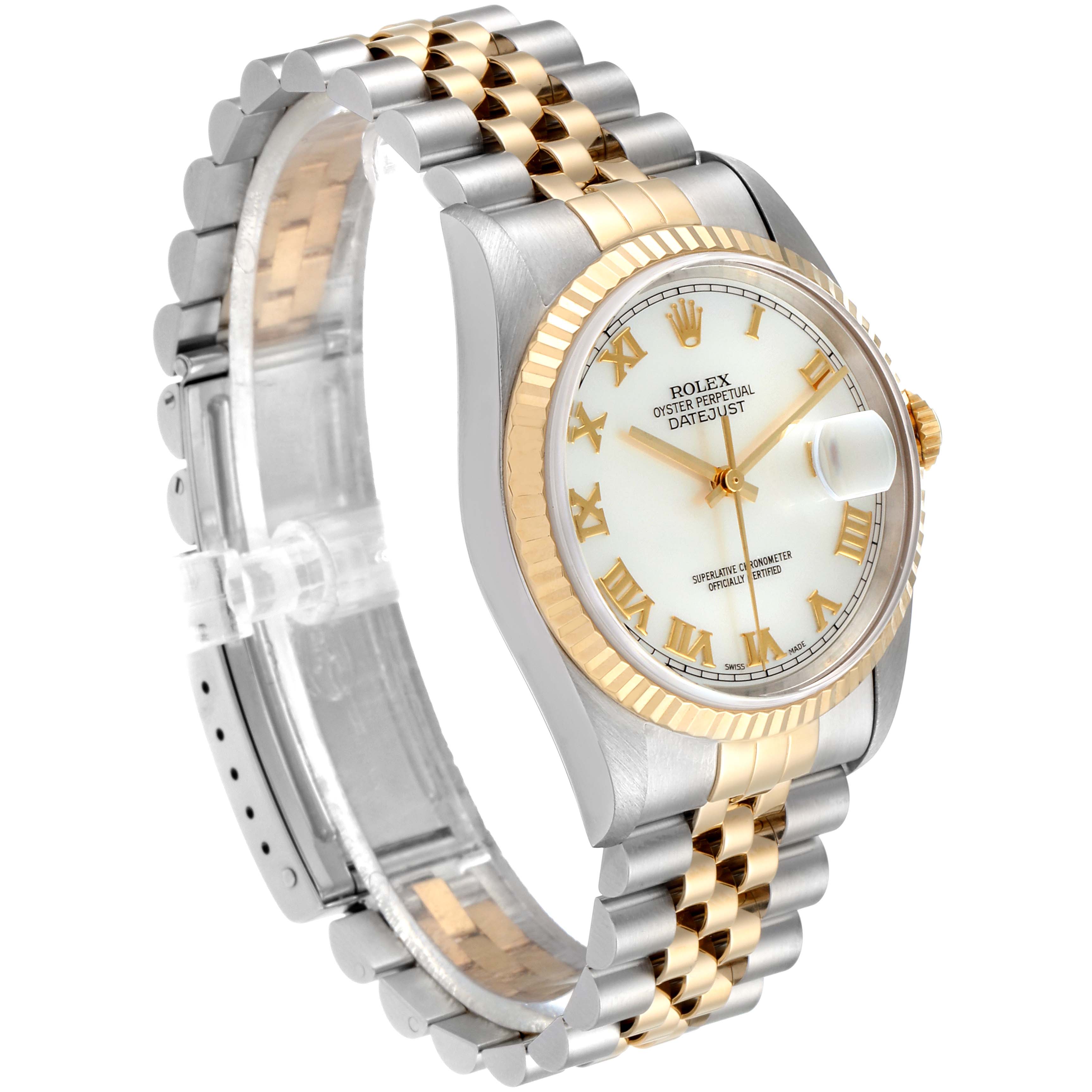 This image shows a Rolex Datejust 16233 Men
s Steel and Gold (two tone) Mother of Pearl Dial 16233 Men
s Steel and Gold (two tone) Mother of Pearl Dial watch at a three-quarter angle, highlighting its face, bezel, and Jubilee bracelet.