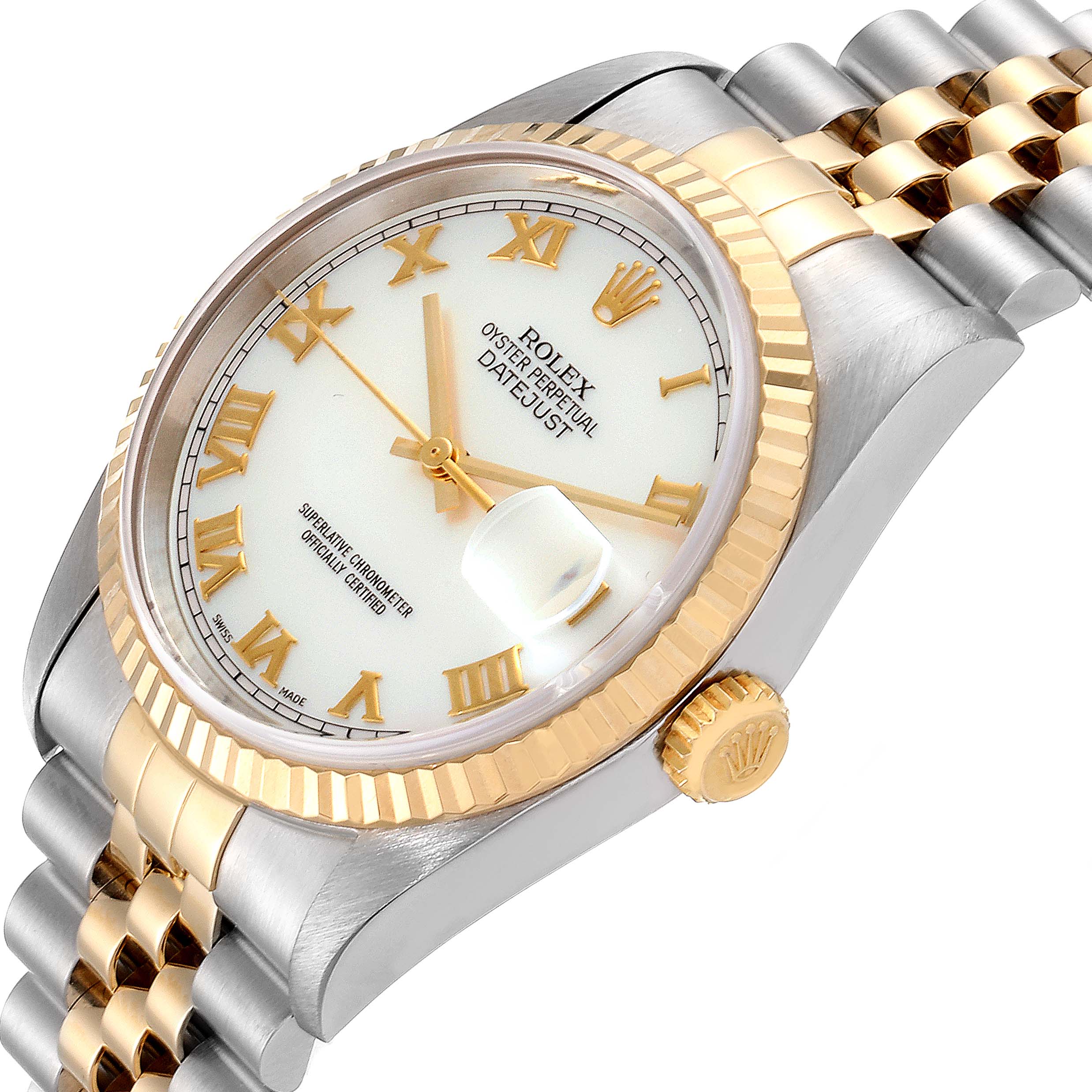 This image shows a Rolex Datejust 16233 Men
s Steel and Gold (two tone) Mother of Pearl Dial 16233 Men
s Steel and Gold (two tone) Mother of Pearl Dial watch from an angled side view, highlighting its face, bezel, crown, and part of the bracelet.
