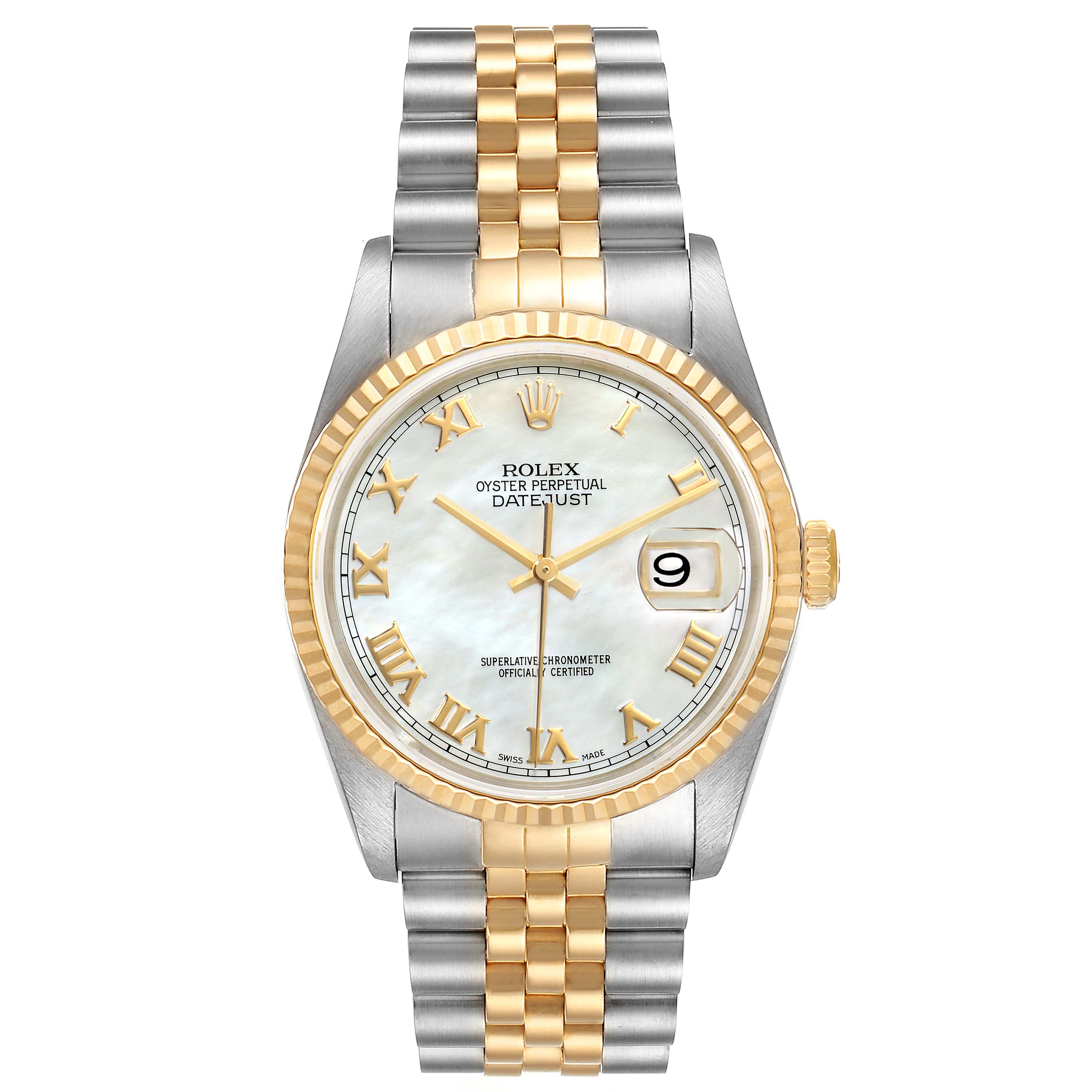 The image shows a front view of a Rolex Datejust 16233 Men
s Steel and Gold (two tone) Mother of Pearl Dial 16233 Men
s Steel and Gold (two tone) Mother of Pearl Dial watch with a two-tone bracelet, a gold fluted bezel, and a white dial.