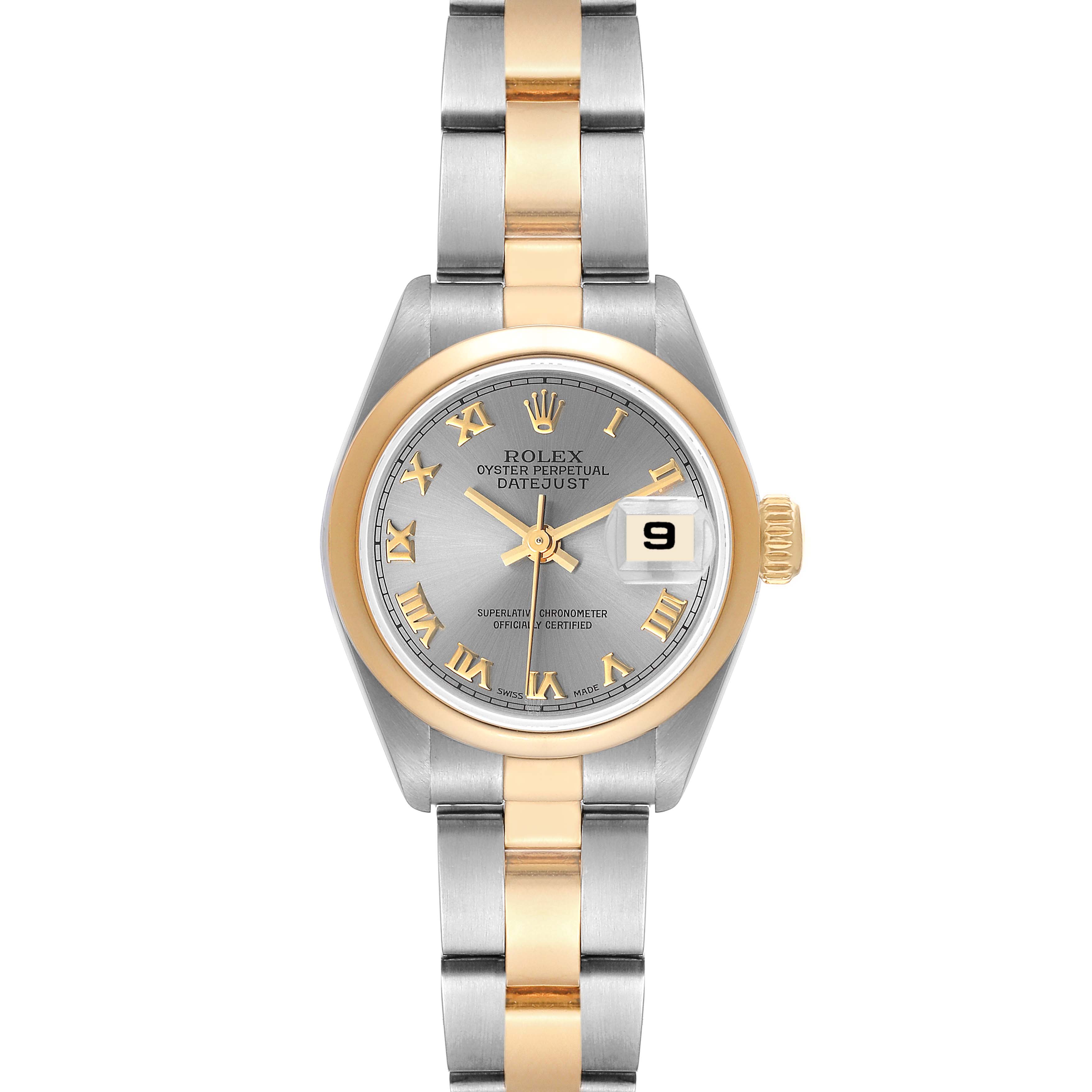The Rolex Datejust 69163 Women's Steel and Gold (two tone) Grey Dial 69163 Women's Steel and Gold (two tone) Grey Dial watch is shown from a top-down angle, highlighting its two-tone bracelet, dial, hands, and date window.