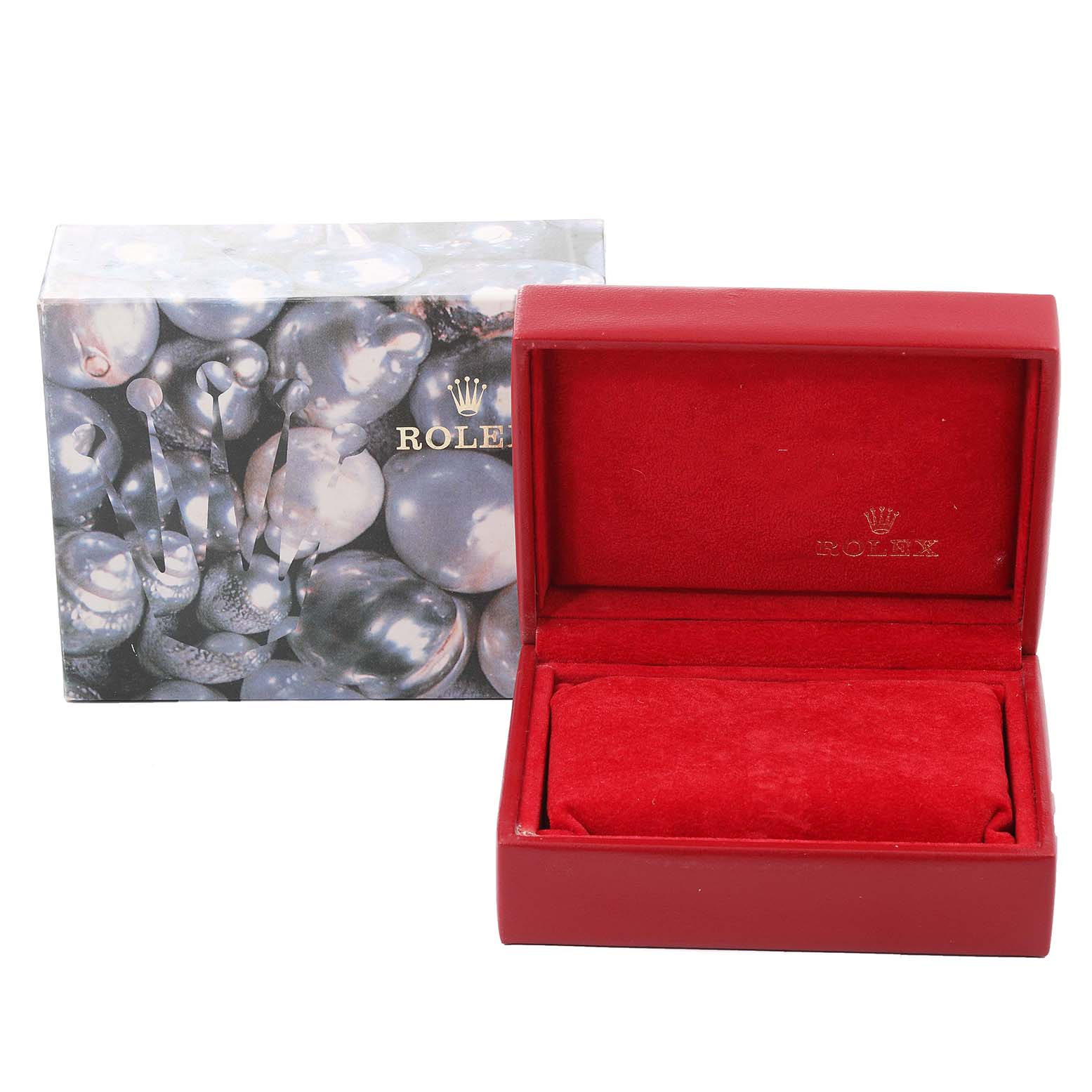 The image shows a Rolex Datejust 69163 Women's Steel and Gold (two tone) Grey Dial 69163 Women's Steel and Gold (two tone) Grey Dial watch box, with an open red case displaying the brand's logo and an exterior box.