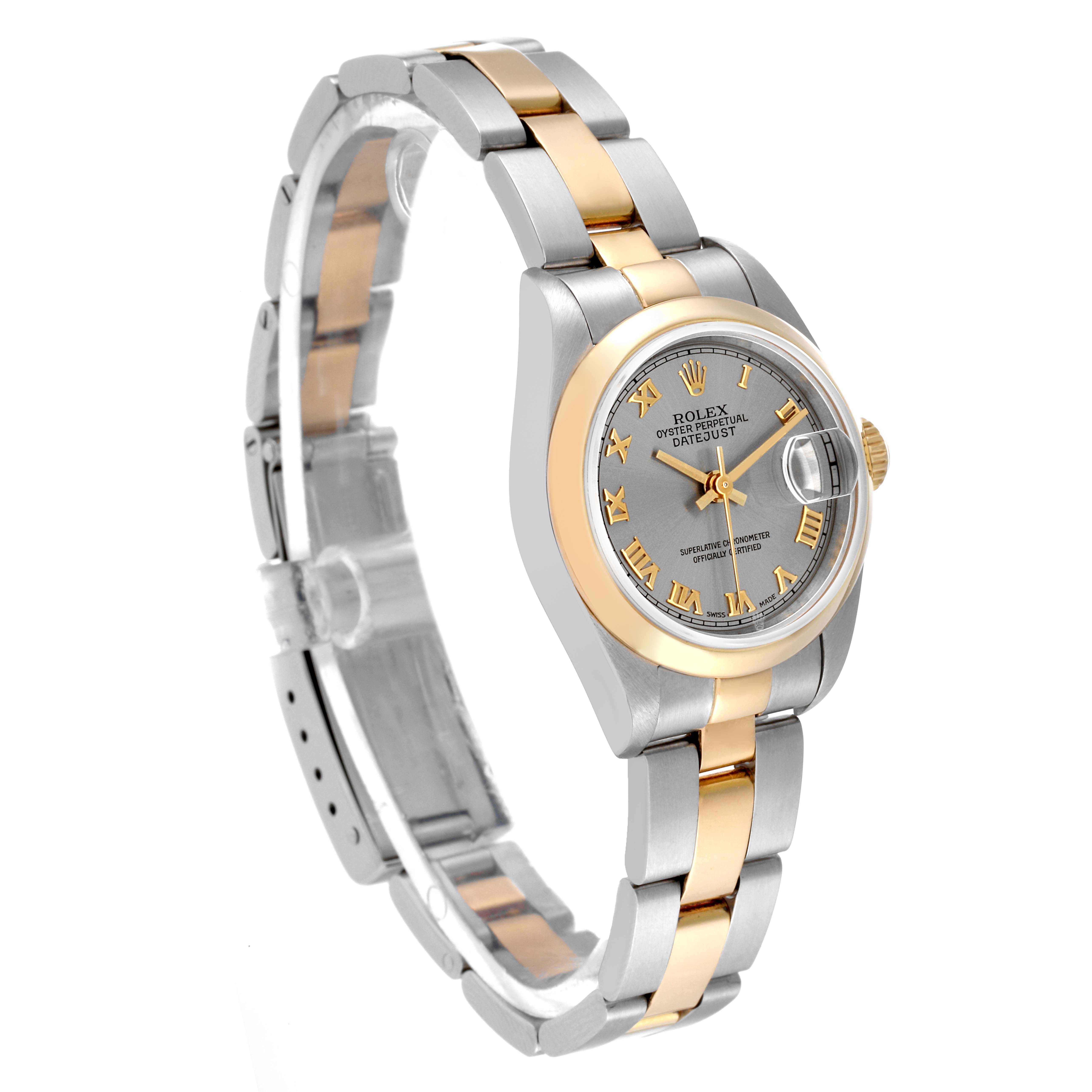 This Rolex Datejust 69163 Women's Steel and Gold (two tone) Grey Dial 69163 Women's Steel and Gold (two tone) Grey Dial model watch is shown at a slight angle, highlighting its gold and silver two-tone bracelet, dial, and bezel.
