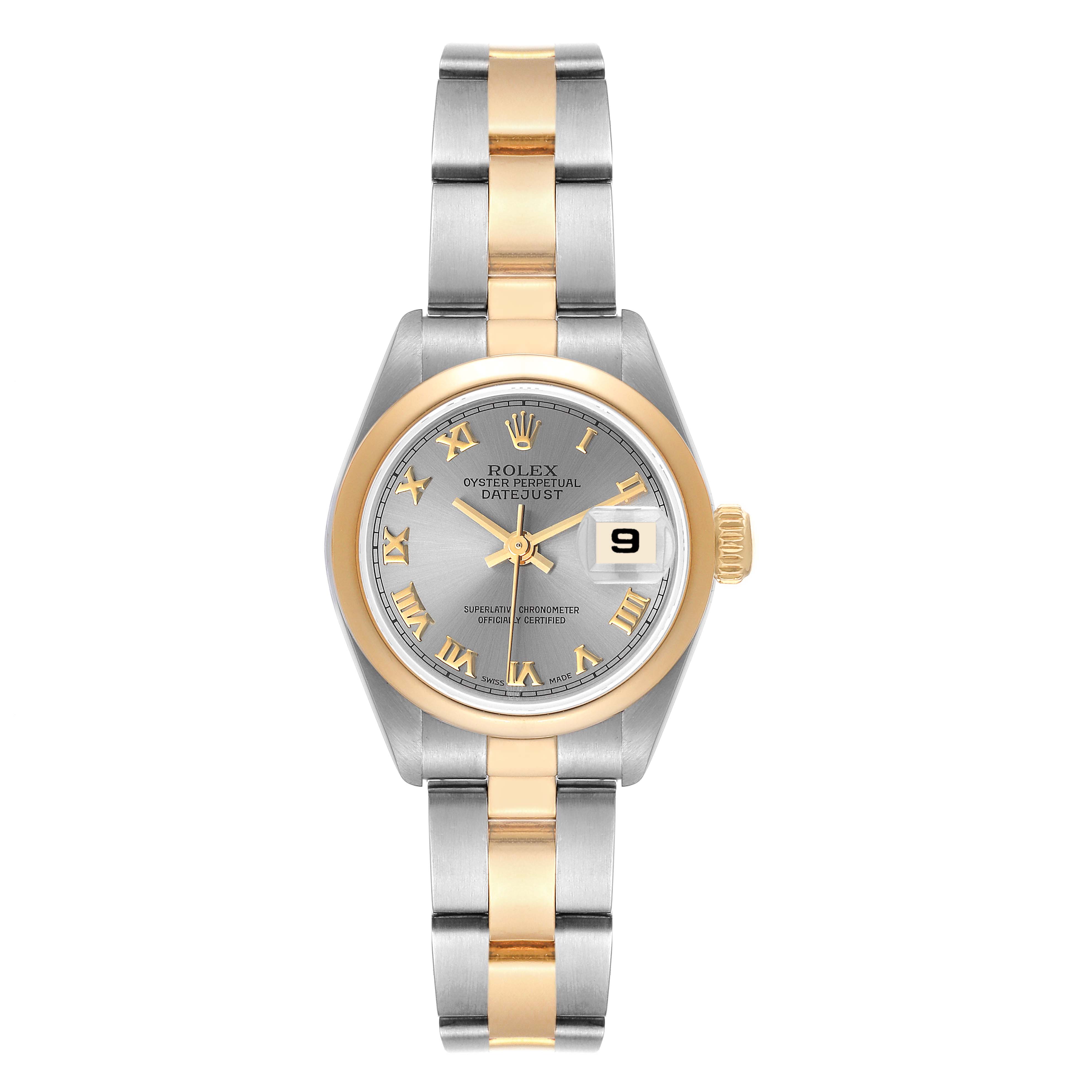 The Rolex Datejust 69163 Women's Steel and Gold (two tone) Grey Dial 69163 Women's Steel and Gold (two tone) Grey Dial watch is shown from a top-down angle, highlighting its face, bezel, crown, and two-tone bracelet.