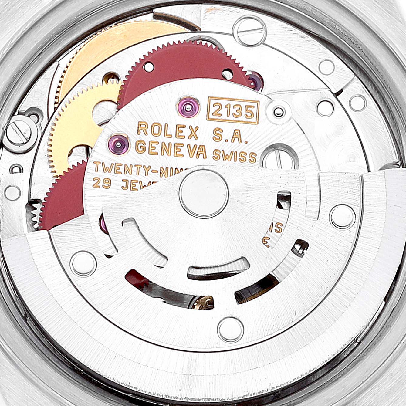 This image shows a close-up view of the internal mechanism of the Rolex Datejust 69163 Women's Steel and Gold (two tone) Grey Dial 69163 Women's Steel and Gold (two tone) Grey Dial model.